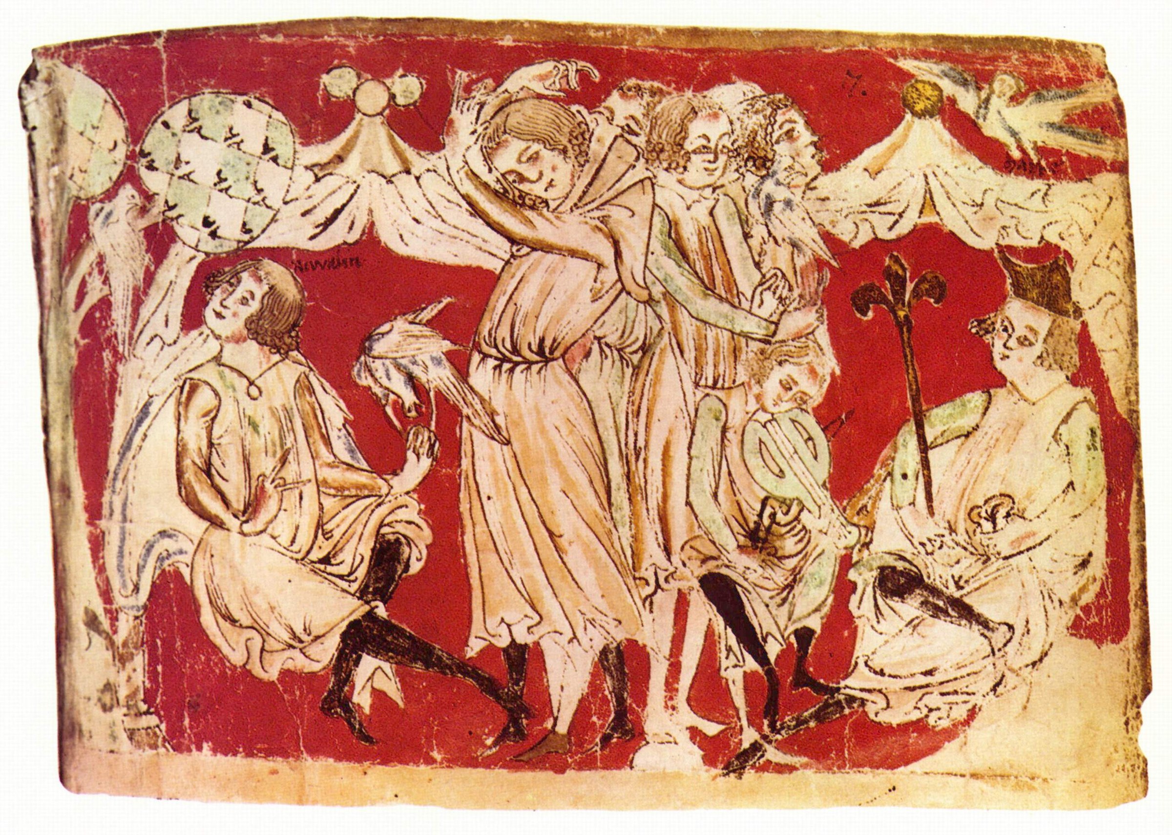 Medieval illumination on red ground: bearded man in ochre robes surrounded by winged angels with raised arms and bent postures in close spatial grouping.