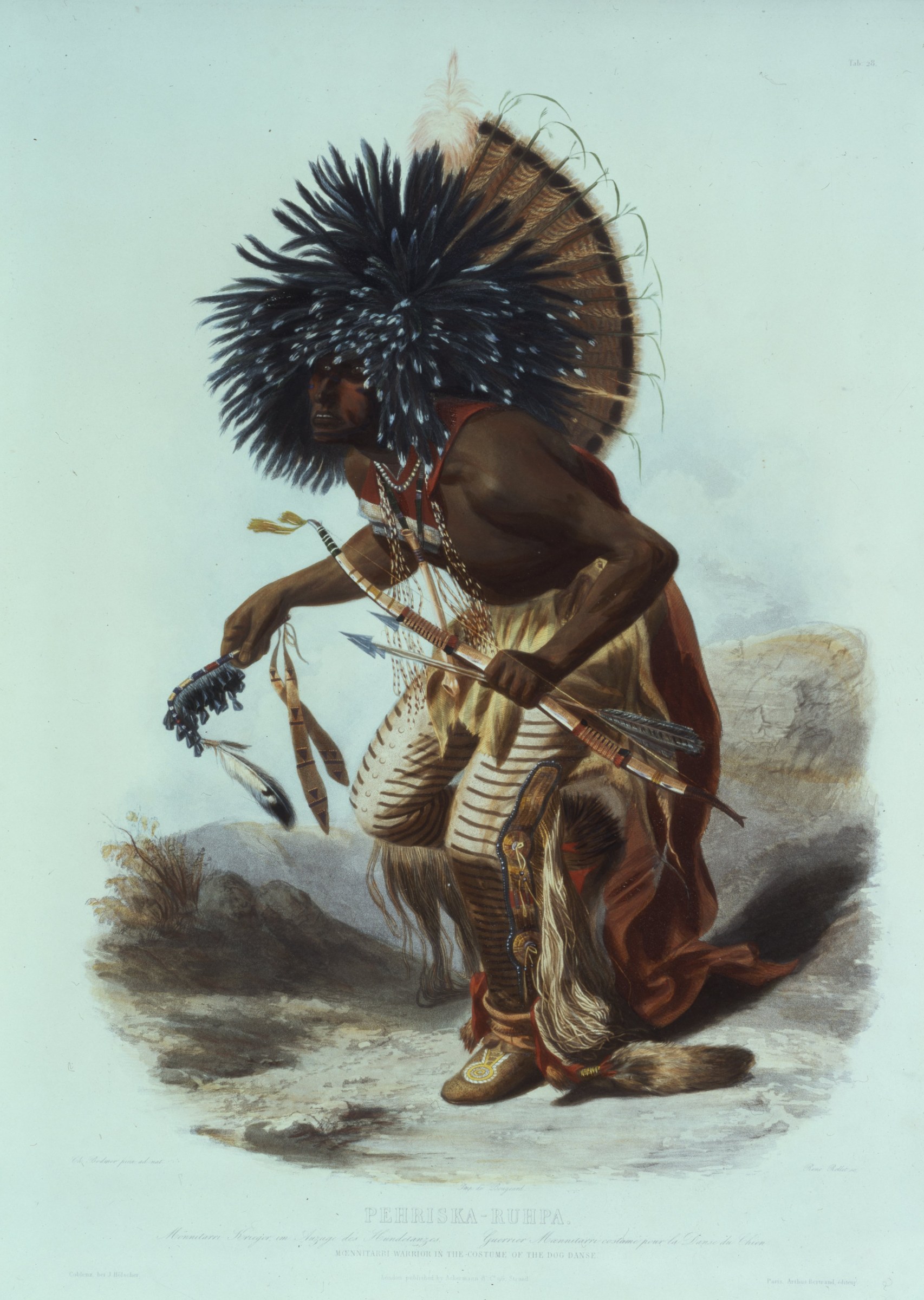 Mandan warrior in feathered headdress and fringed hide leggings, holding a staff, in a dynamic standing pose against pale sky.