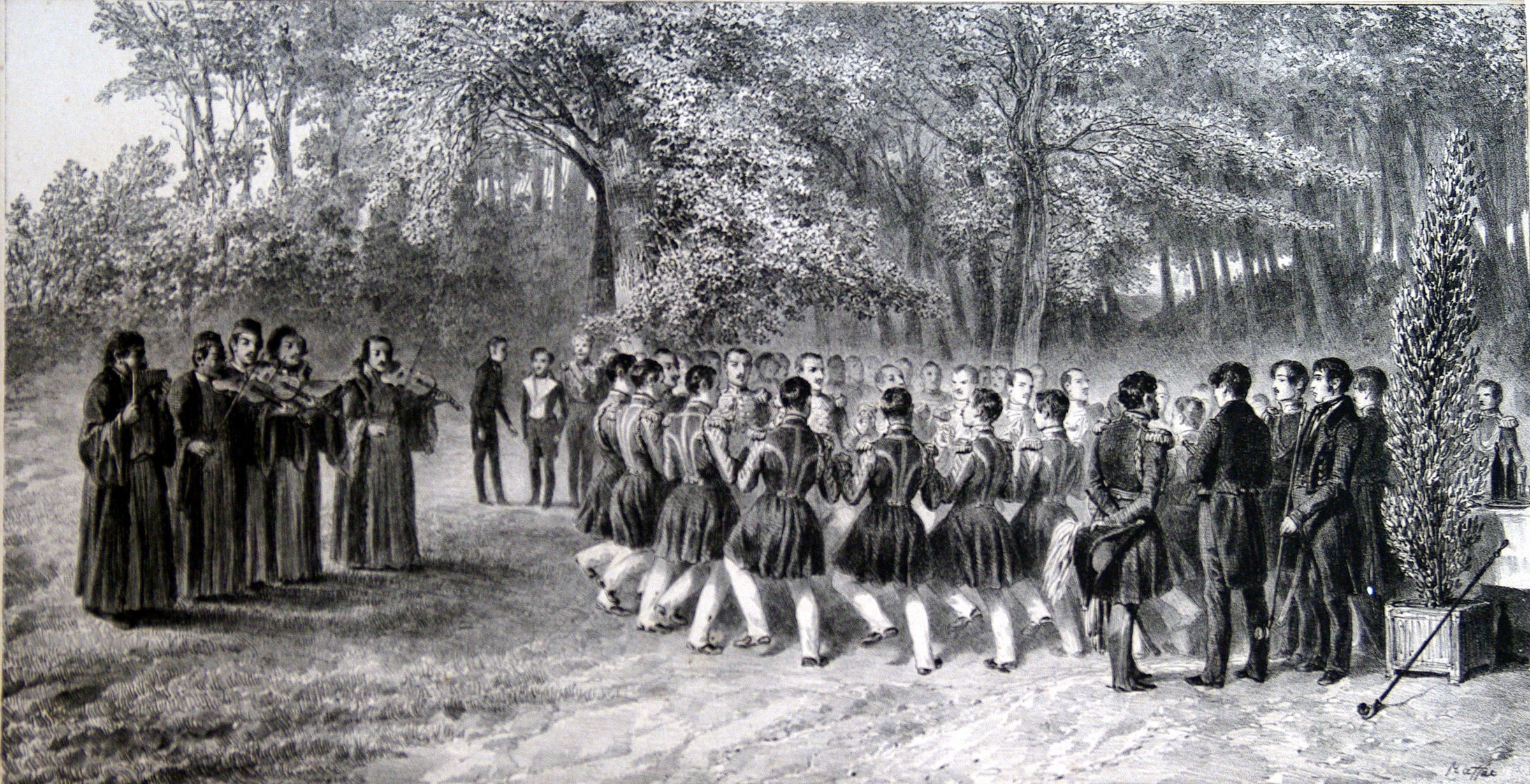 Engraving of Romani dancers in tight circular formation, leaning inward in motion, surrounded by formally dressed soldiers in a wooded setting.