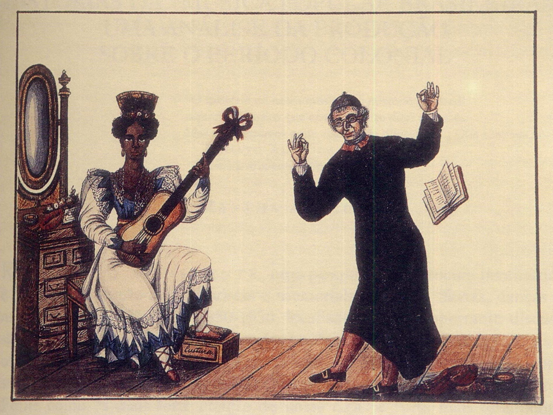 A priest dances with raised arms while a Black woman seated at a mirror plays classical guitar in this hand-colored 1829 engraving.