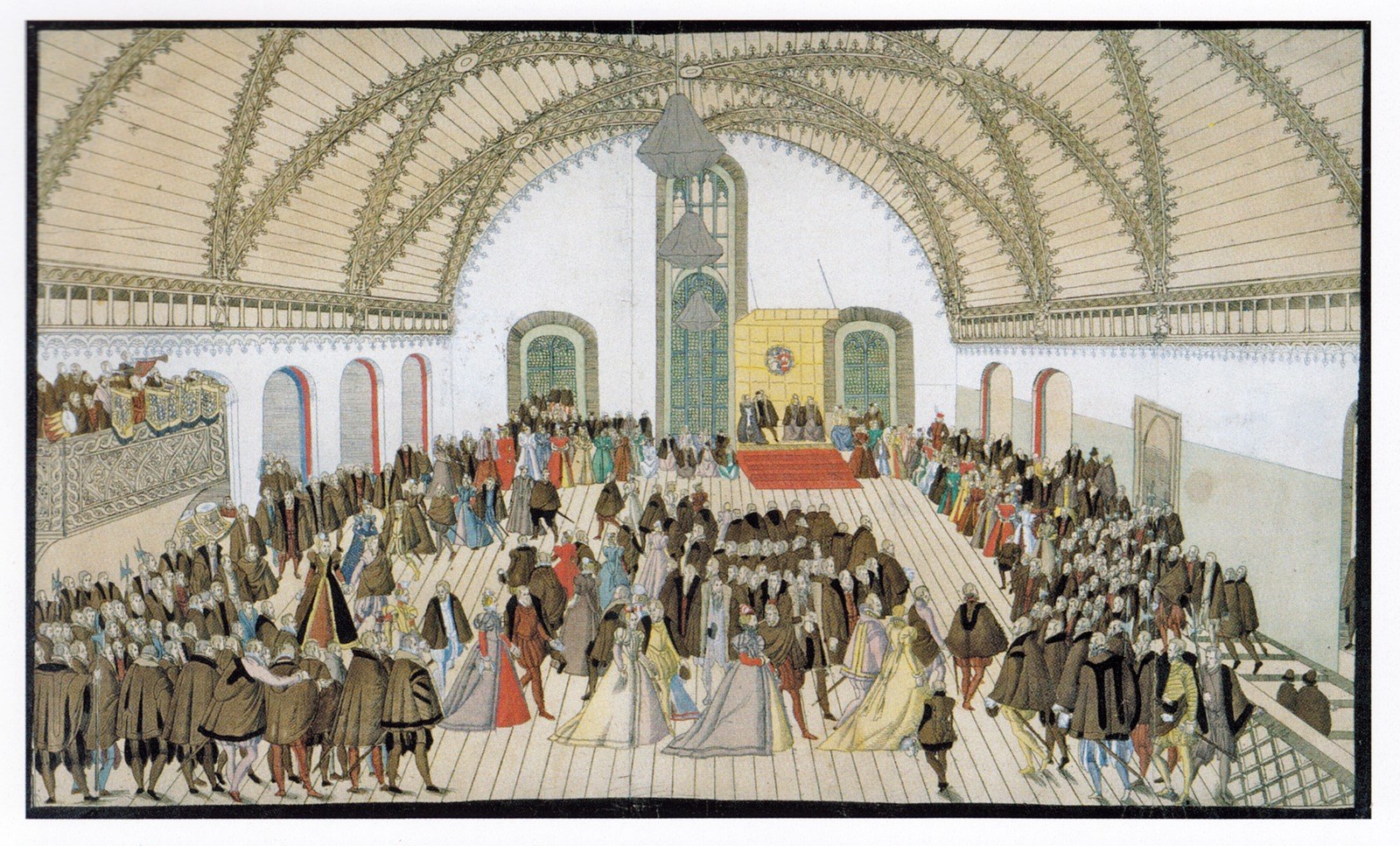 Crowded Renaissance court hall with vaulted ceiling; dancers on central dais; hundreds of courtiers in colored dress watching from sides and galleries.