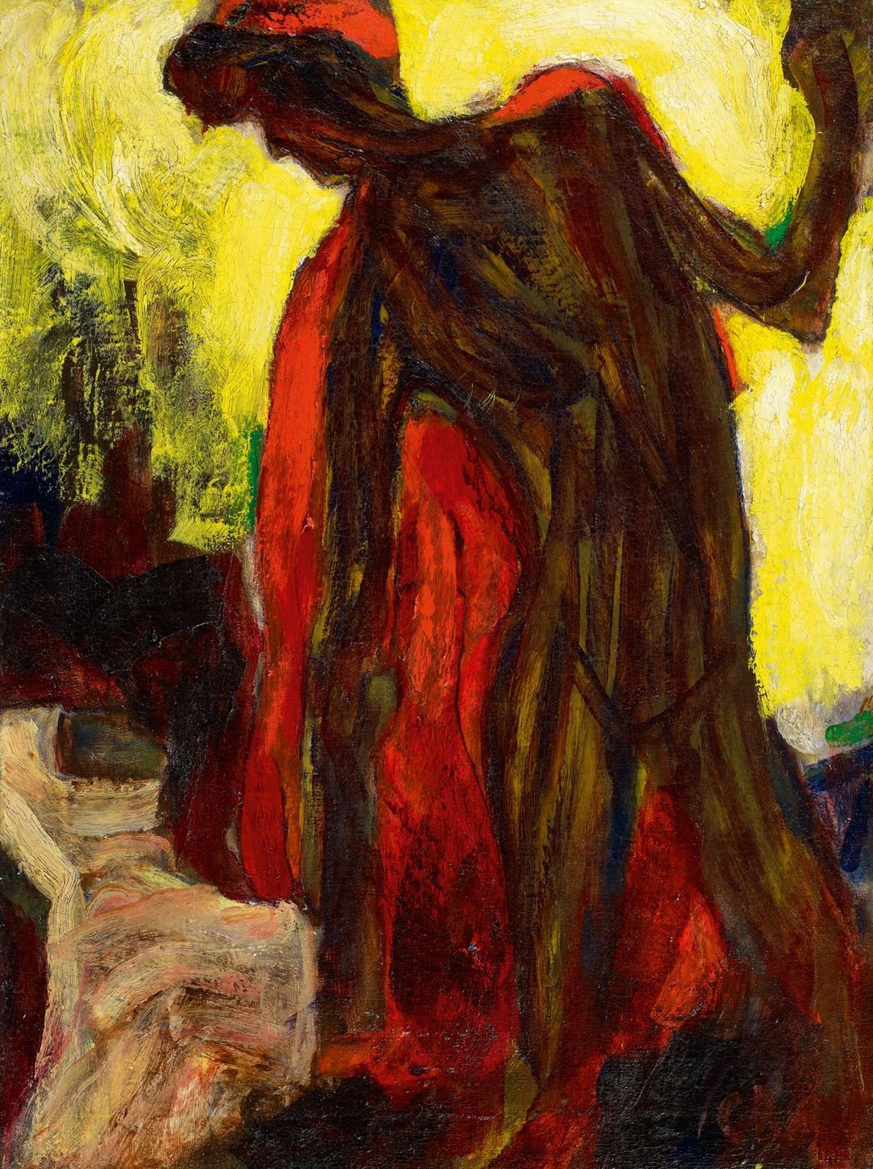 A woman in a dark dress with a flowing red shawl leans forward in urgent motion, arms raised, against a vibrant yellow background.