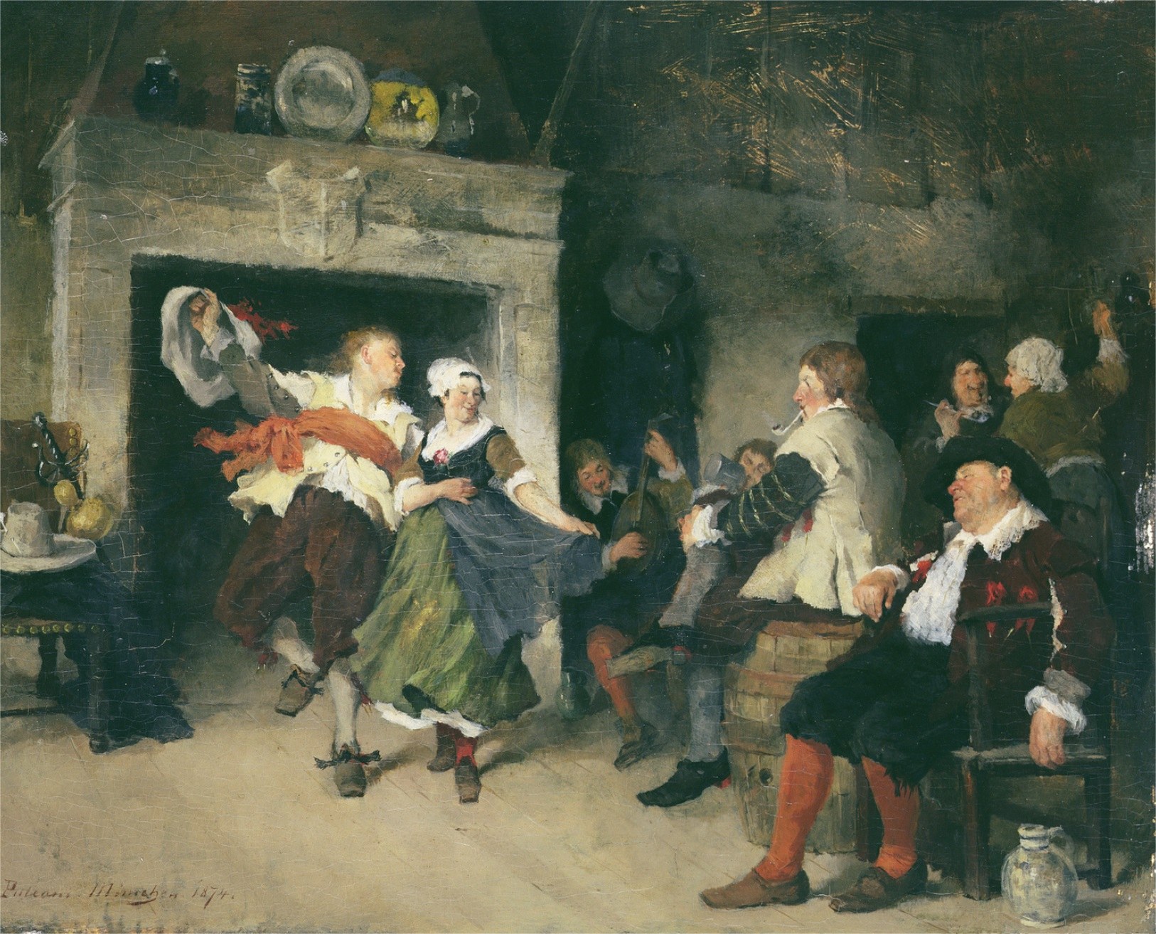 Oil painting of a woman in a green skirt and white kerchief spinning while a man faces her in a tavern, watched by a crowd of villagers seated and standing