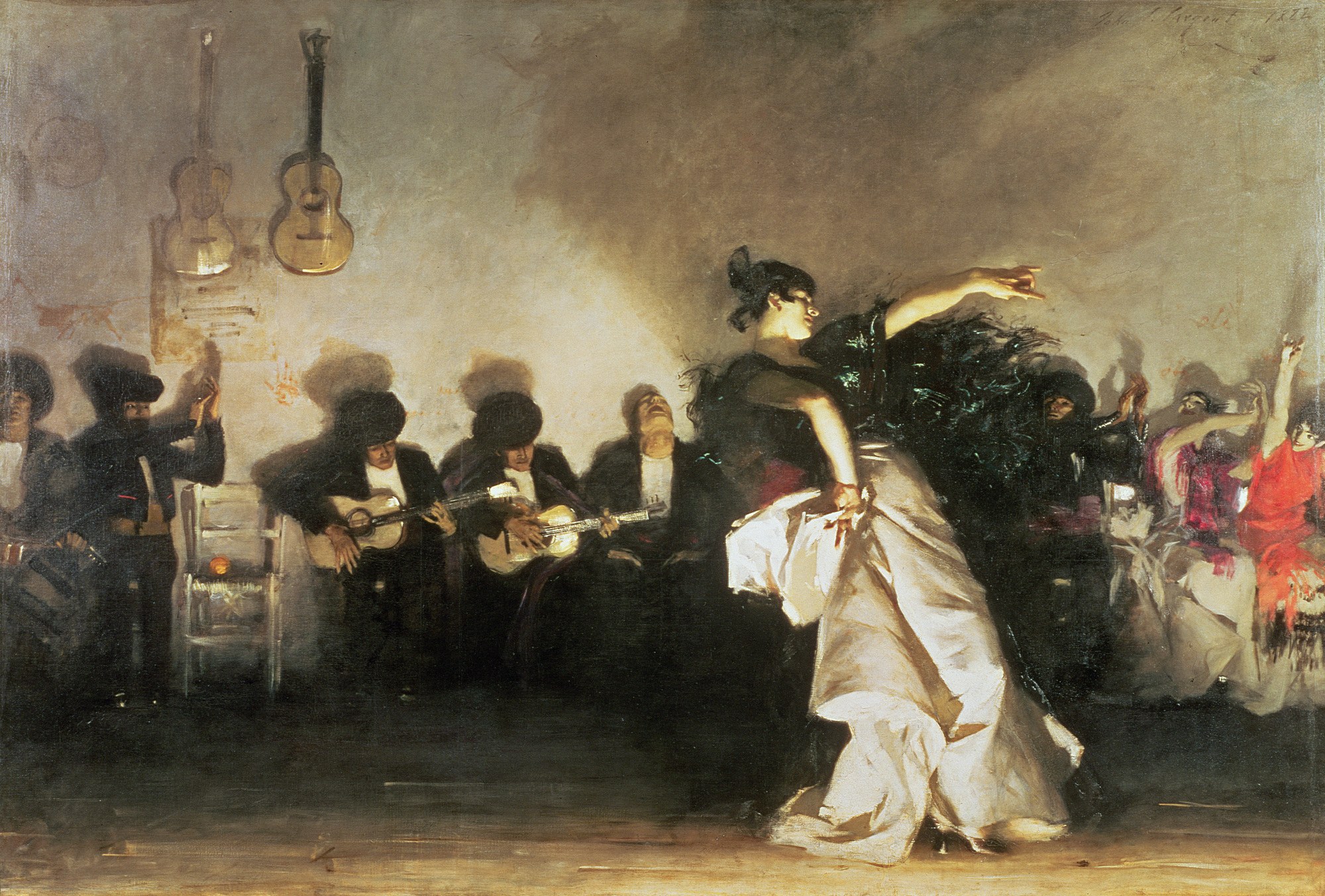 Oil painting of a woman in a white dress dancing with arched back and raised arm, surrounded by guitarists and an indistinct crowd in warm, theatrical lighting.