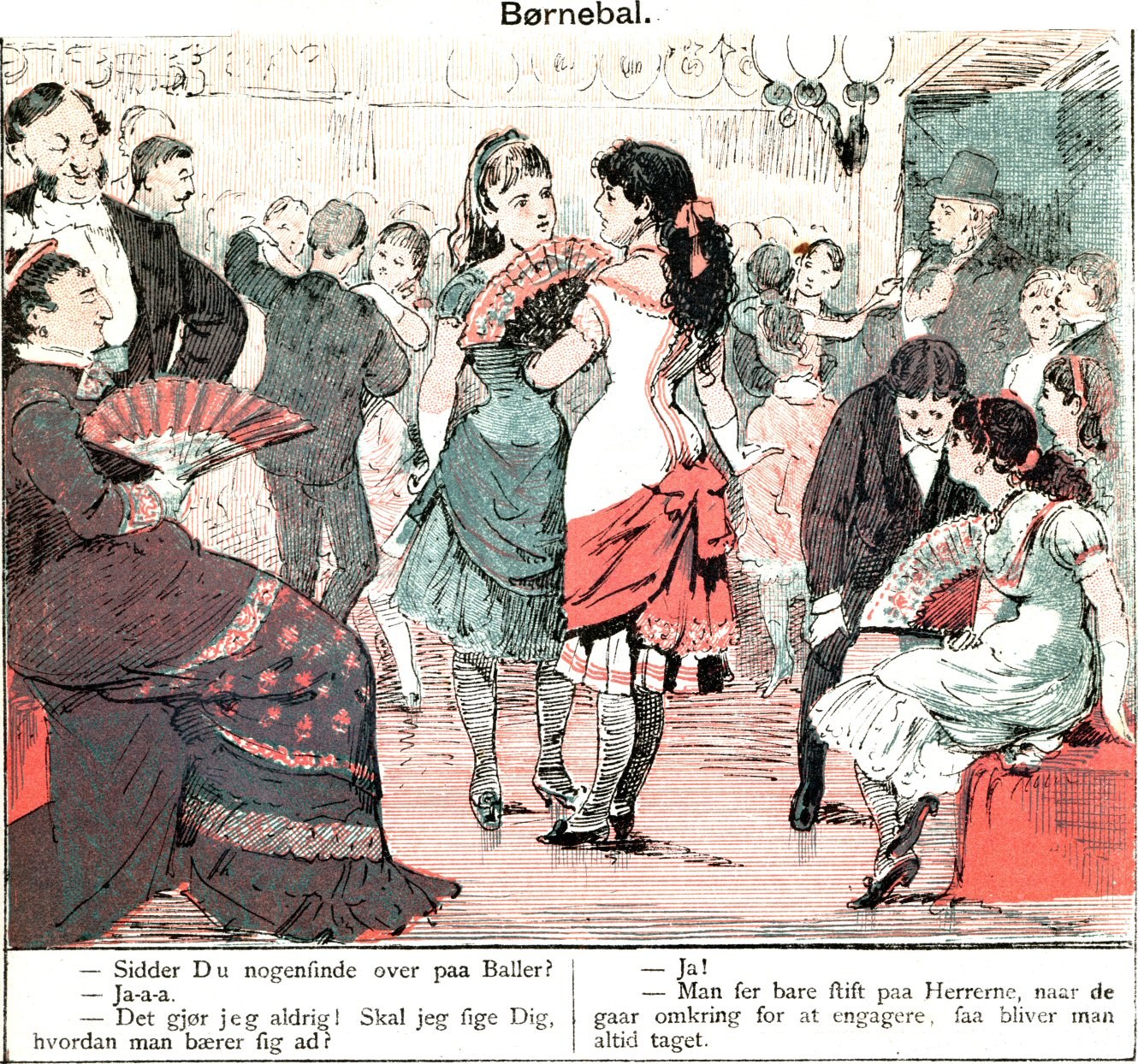 Two girls in short skirts dance at the center of a crowded Victorian ballroom while adults watch. Hand-colored engraving.