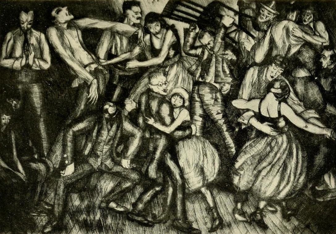 Crowded 1920s dance scene with men and women in period dress dancing in various holds amid heavy expressive linework.
