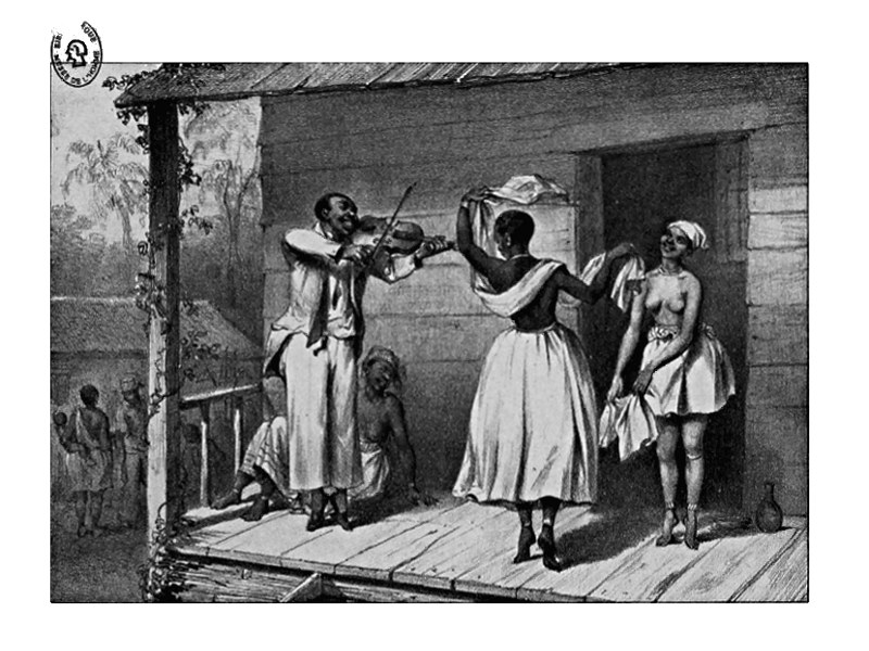 Engraving: A violin player instructs two women dancers indoors while a boy crouches nearby and another figure watches. Colonial-era Surinam.