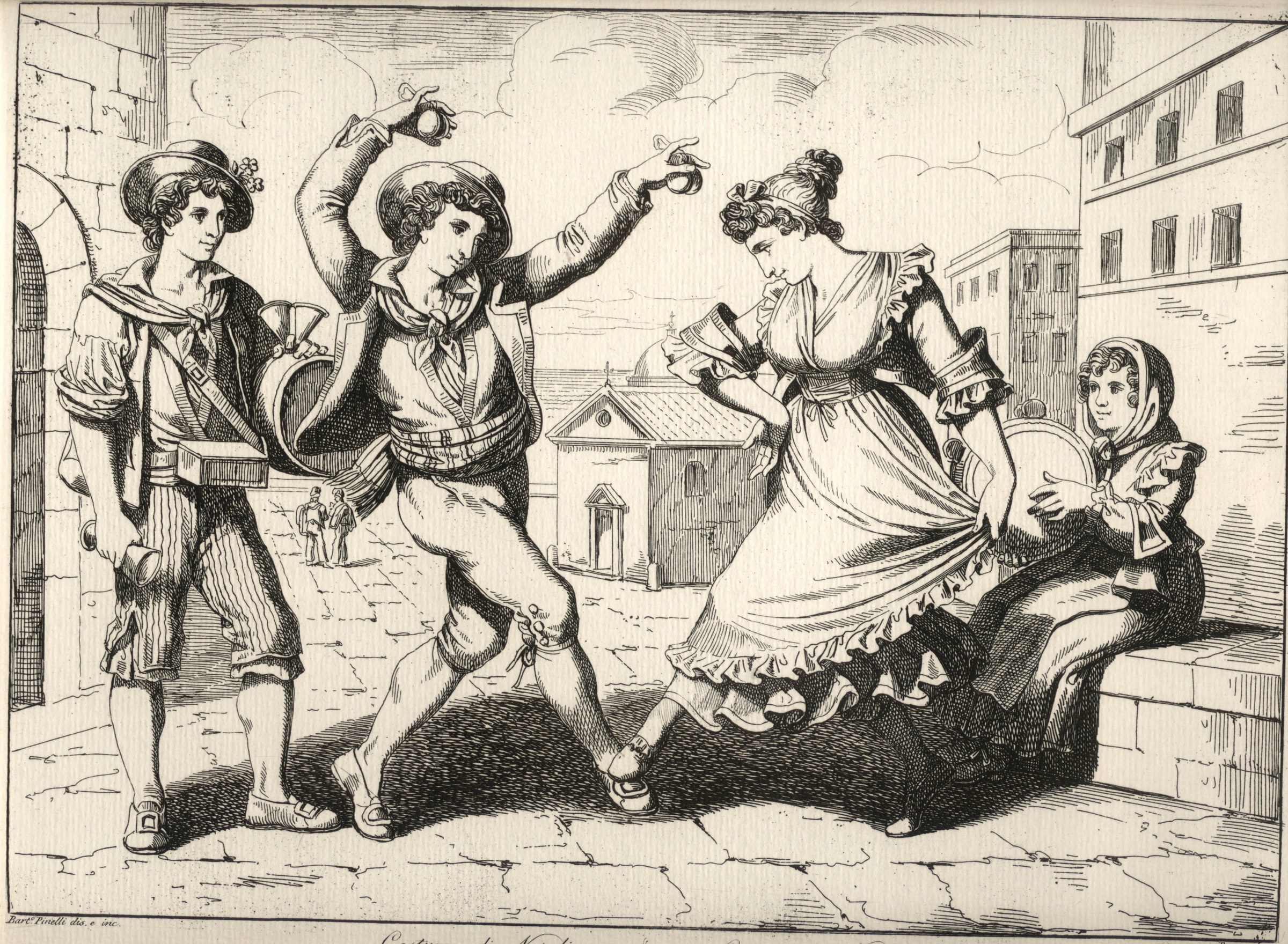 A man leaps with arms raised holding percussion while women watch in a Neapolitan street scene, rendered in engraving.