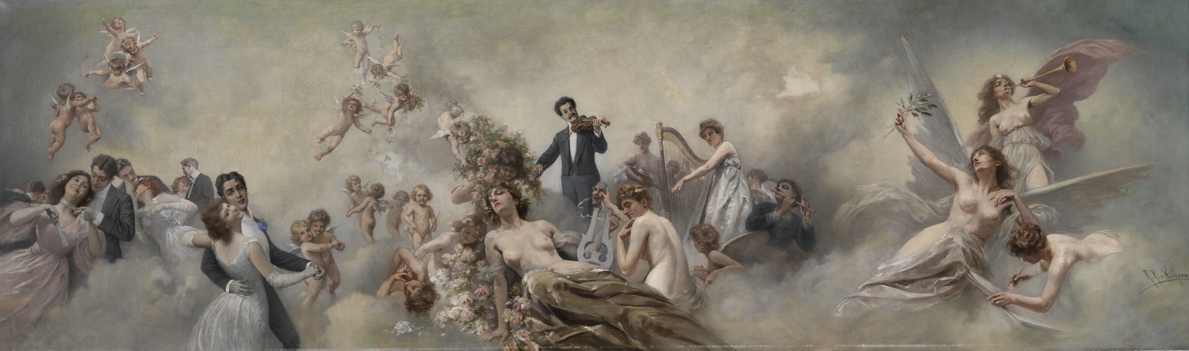 Oil painting of a formal 1920s ballroom merged with celestial imagery; central couple in evening dress dance amid musicians and classical figures in clouds.