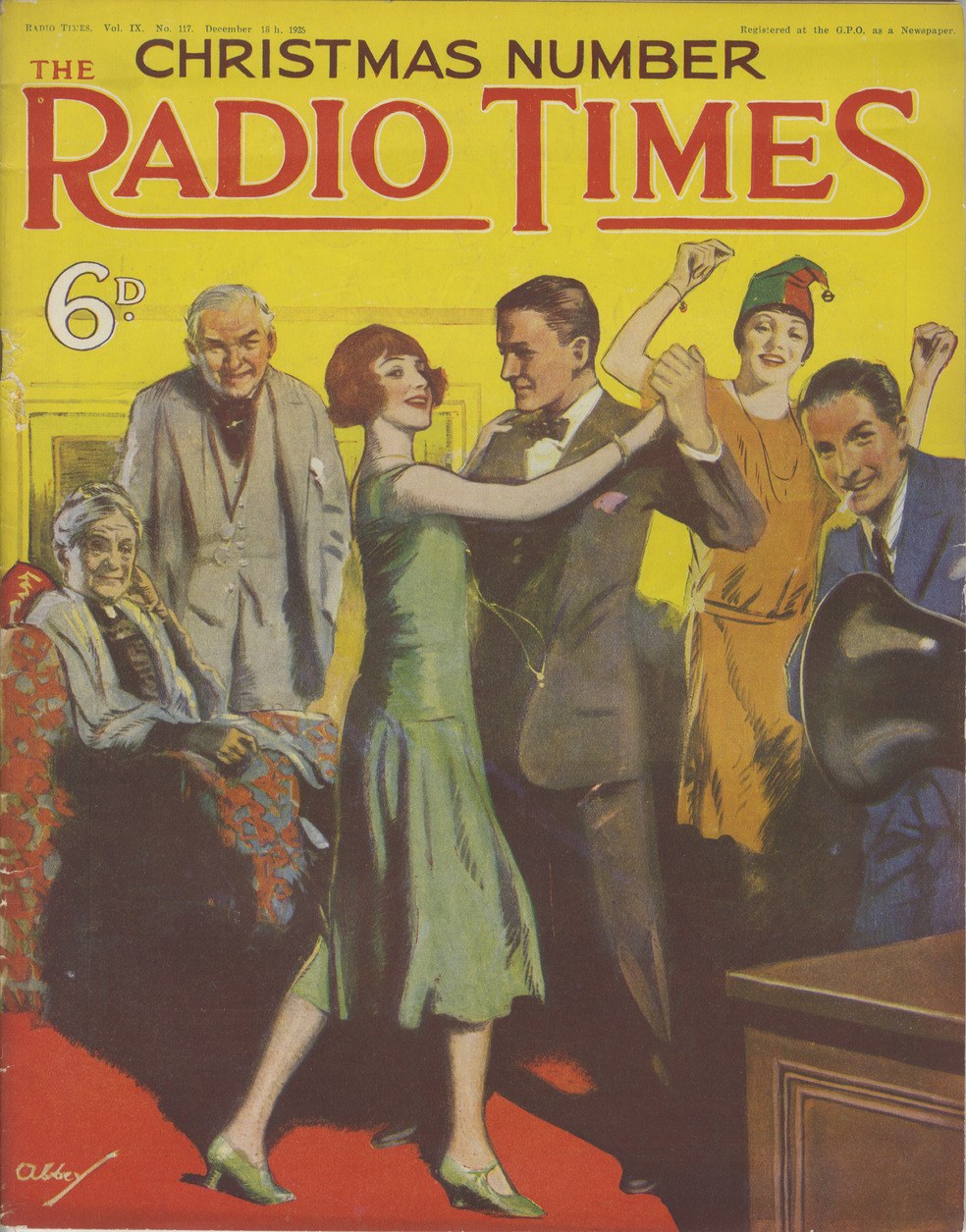 A 1920s Christmas party: seven fashionable people dance and socialise in bright colours, a couple at centre in a ballroom hold, others with raised arms and