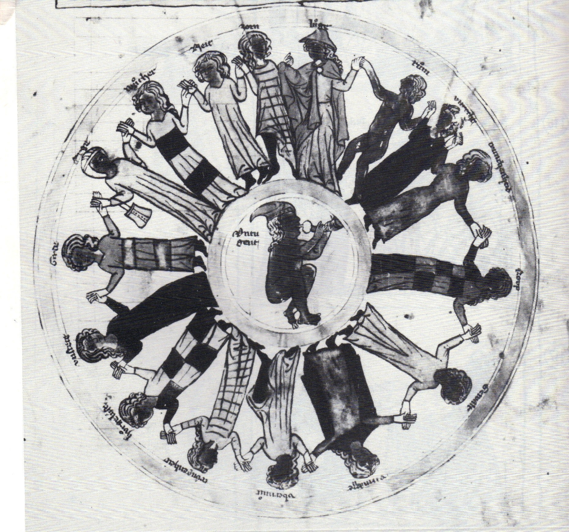 Engraving of fourteen contorted figures arranged in a circle around a central medallion, depicting chaotic medieval dance of vices.
