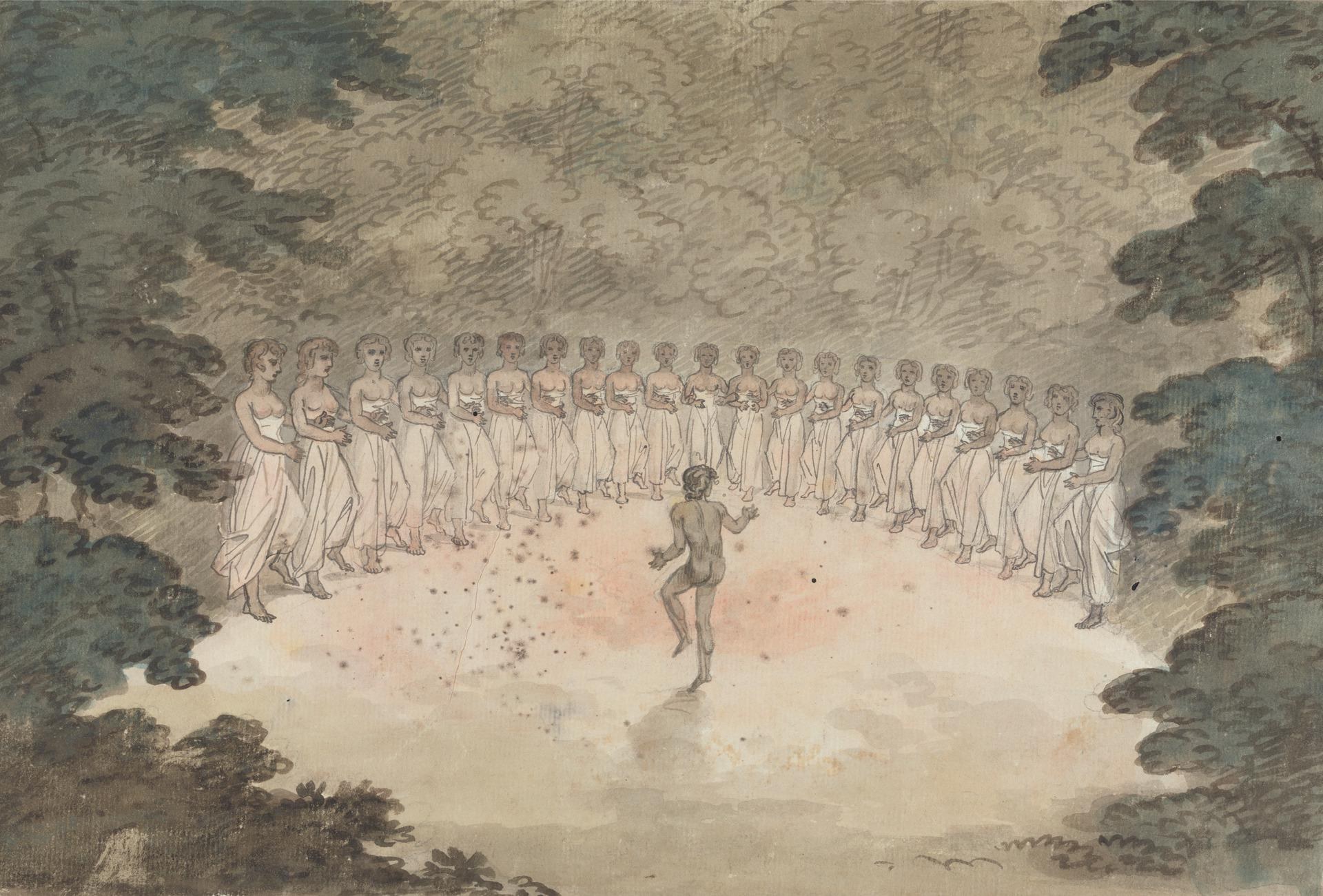 A male figure in an expressive pose stands at the center of a clearing surrounded by two dozen female dancers in pale Romantic-era tutus, arranged in formal