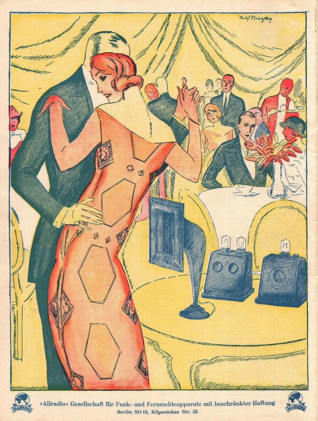 Woman in red geometric dress with bobbed hair dances indoors while men in suits and radio receivers look on, 1924 Berlin advertisement.