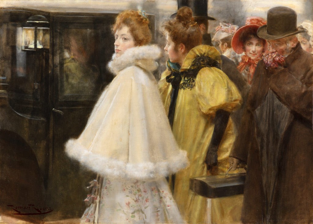 Woman in cream gown and fur stole at a ballroom doorway, surrounded by formally dressed companions in an amber-lit interior.