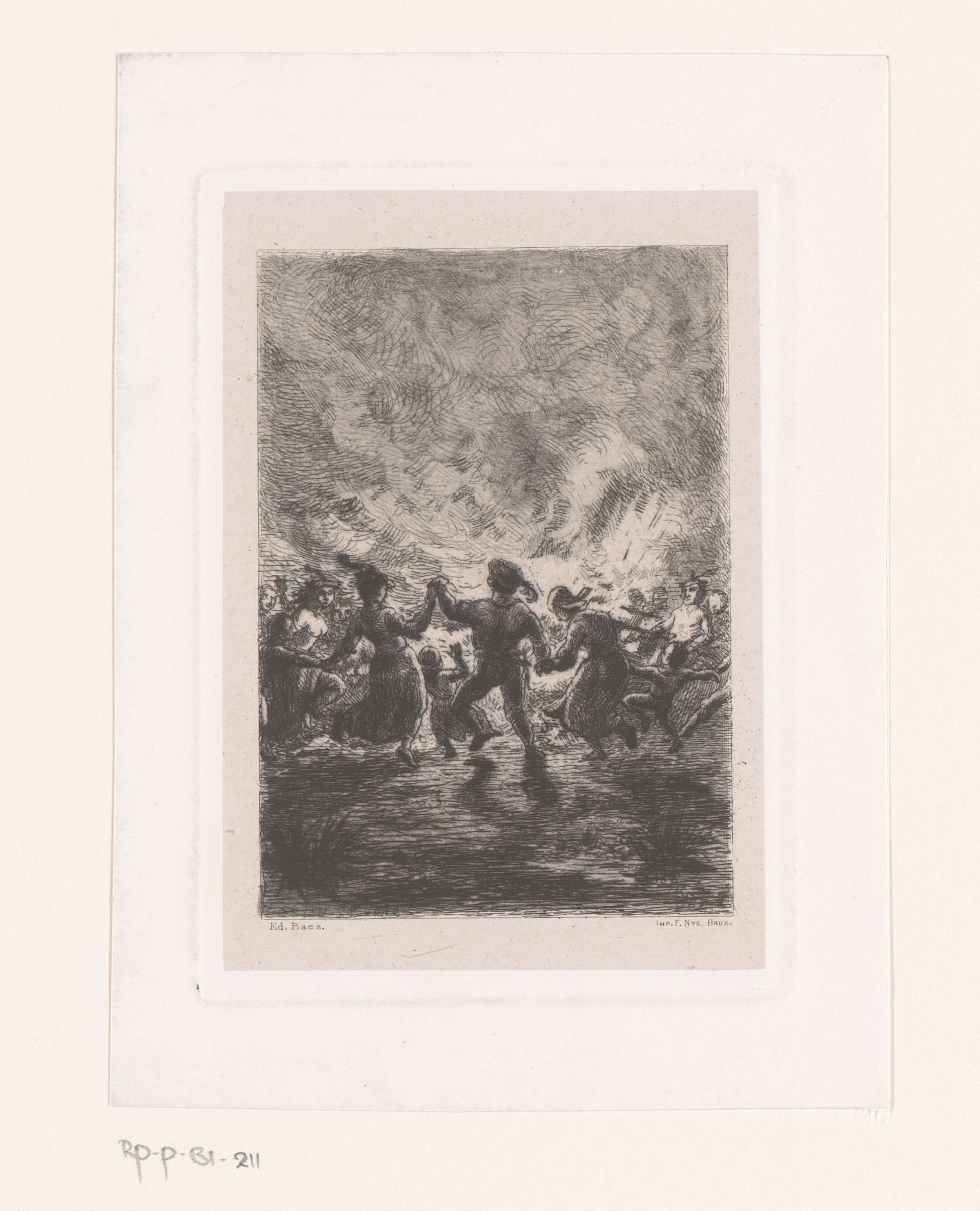 Etching showing a group of figures dancing in a circle around a large bonfire at night.