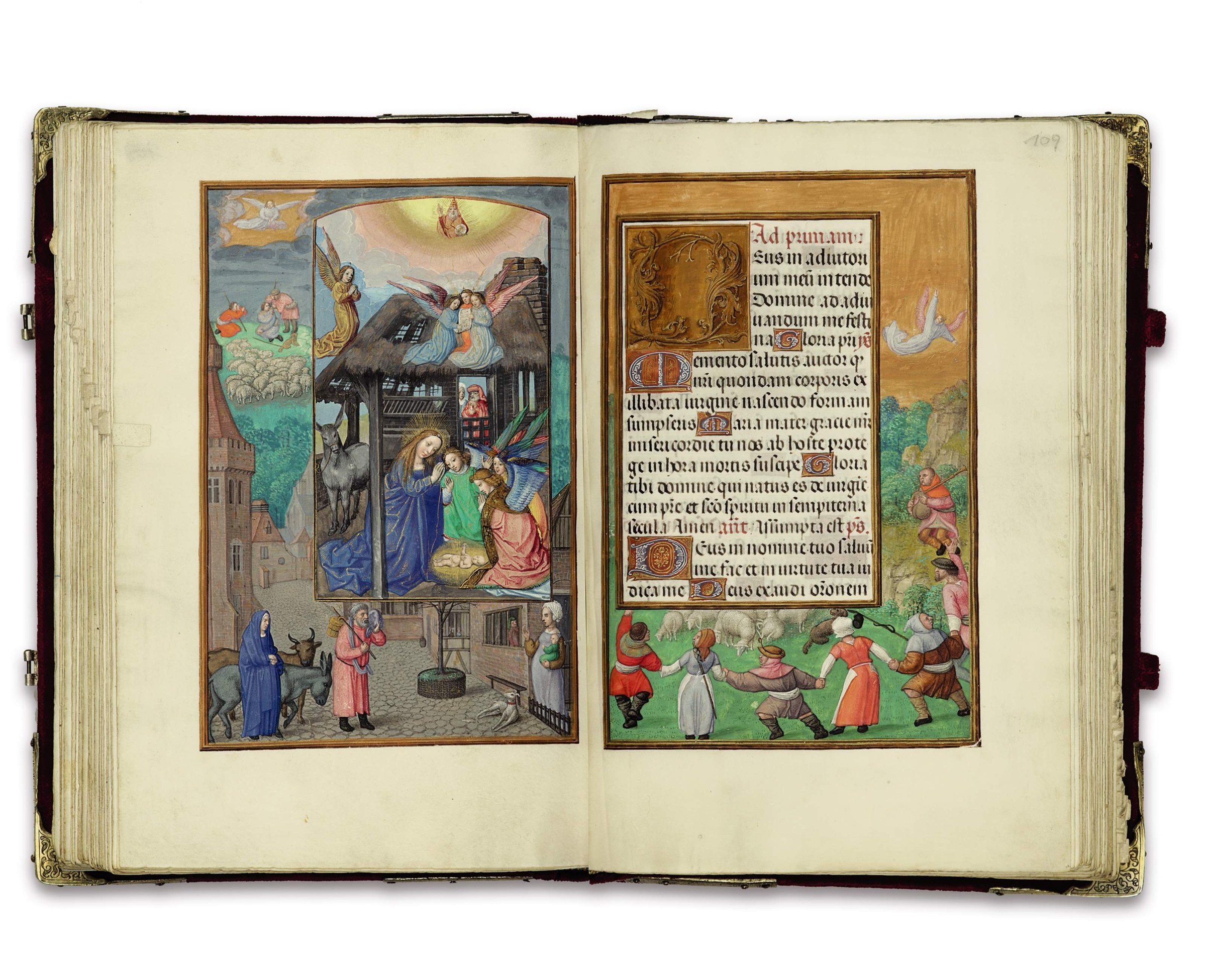 Illuminated manuscript page with Nativity scene on left and Latin text with border showing children playing in a meadow on right.