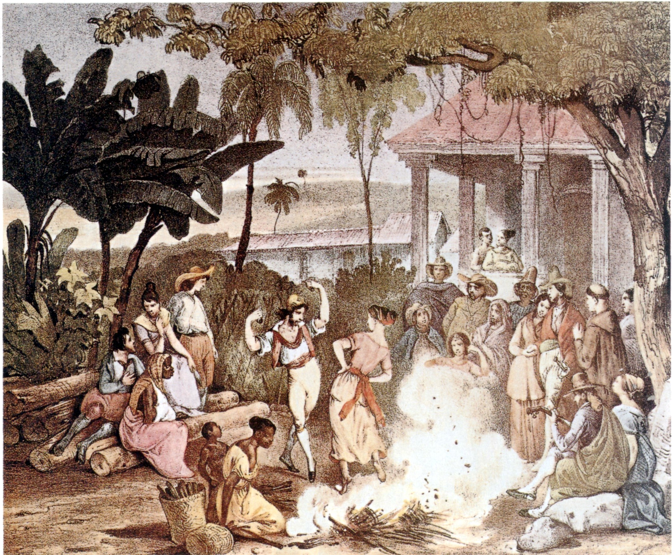 A hand-colored engraving shows dancers gathered around a bonfire in evening light, with European colonists watching from a verandah of a large house behind