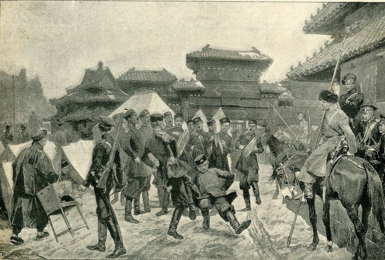 Soldiers in winter uniforms perform synchronized group dance in snowy courtyard before ornate East Asian architecture, 1904.