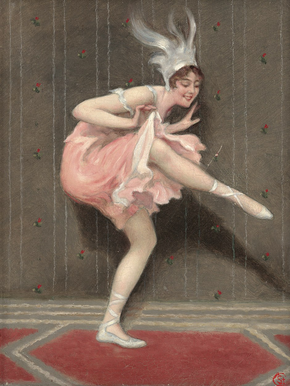 Young female ballet dancer on pointe in pale pink tutu, white feathered headdress, performing solo on a red stage against a dark striped background.