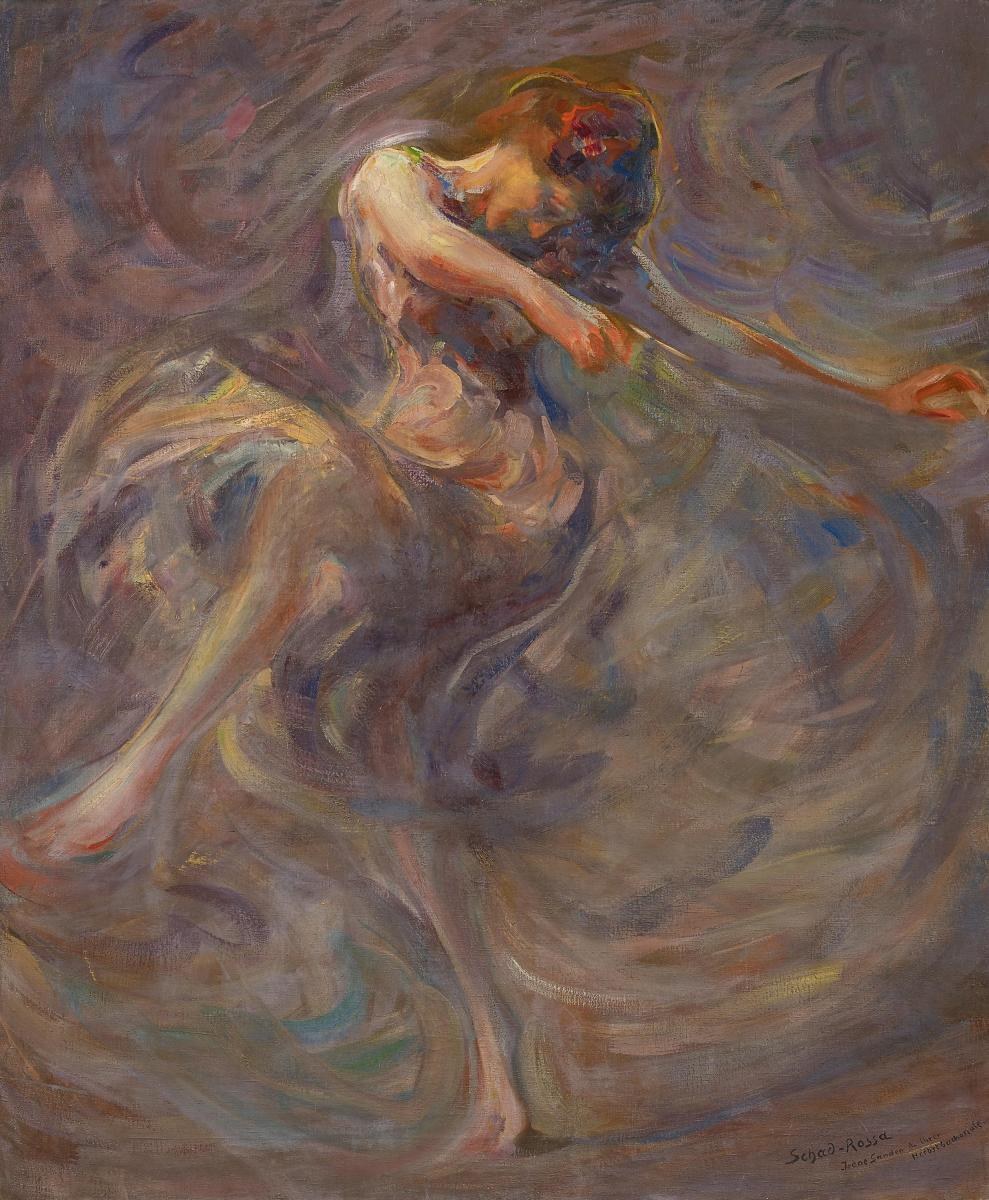 A female dancer with her head tilted back and arms extended, captured mid-movement in a pale draped garment against swirling expressive brushwork.