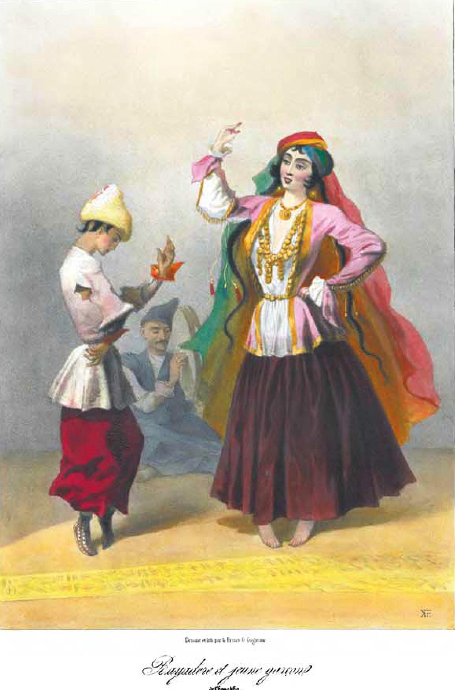 Woman in Caucasian dress raises a white handkerchief, flanked by two smaller figures in an ethnographic portrait.