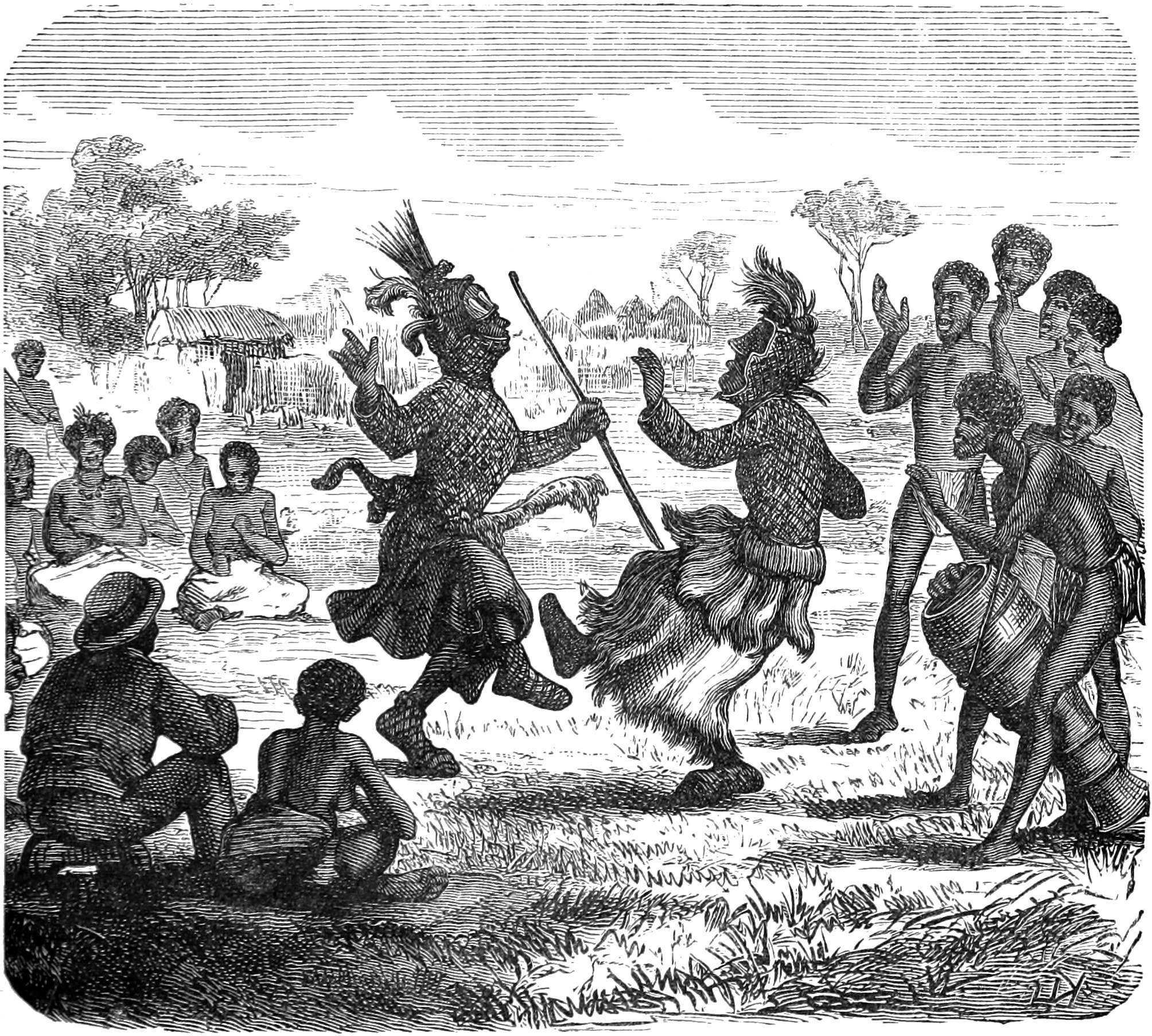 Two African dancers in elaborate plumed headdresses perform energetically before a seated crowd in a village clearing.