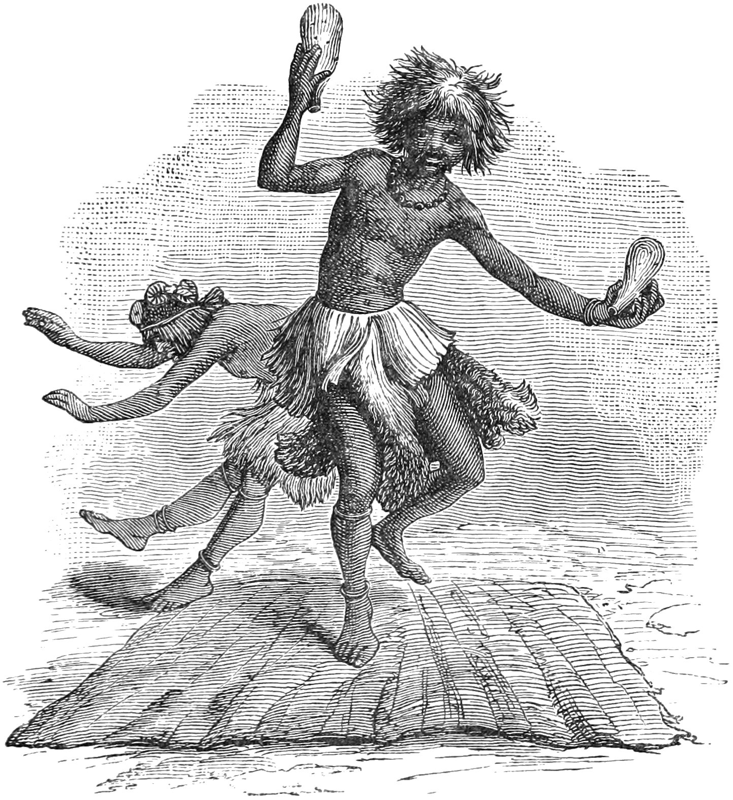 A muscular figure with raised arms leaps upward across a woven surface in an ecstatic gesture, rendered in fine engraved lines.