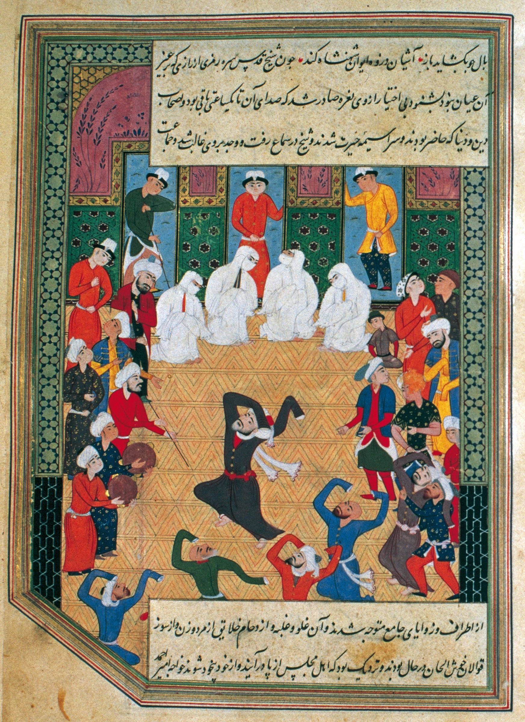 A Safavid manuscript painting showing a bearded man in red robes leaning forward with extended arms, surrounded by witnesses in turbans and white head