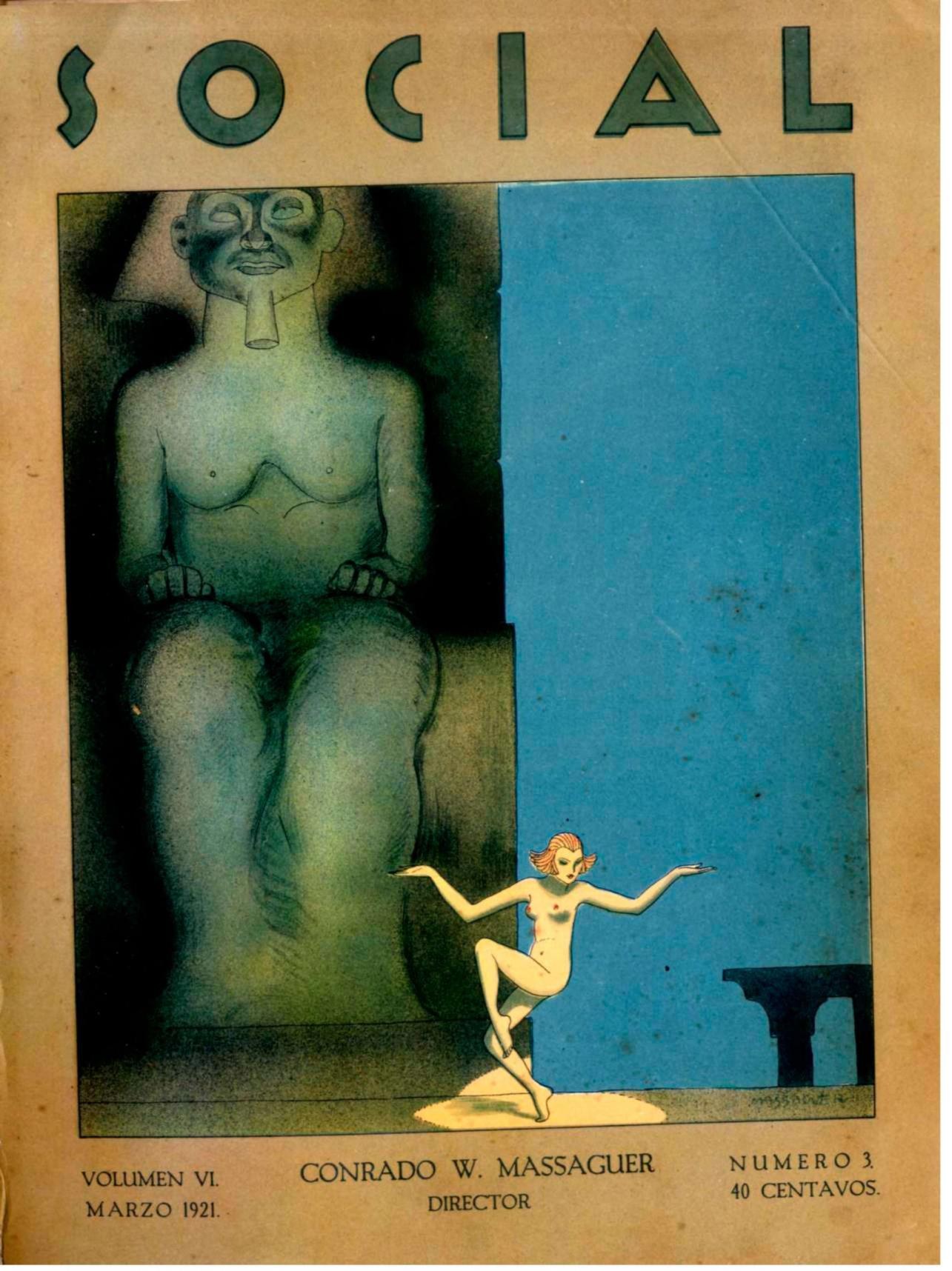Magazine cover with monumental masked female figure seated on left, smaller dynamic dancing figure on bright blue ground on right.