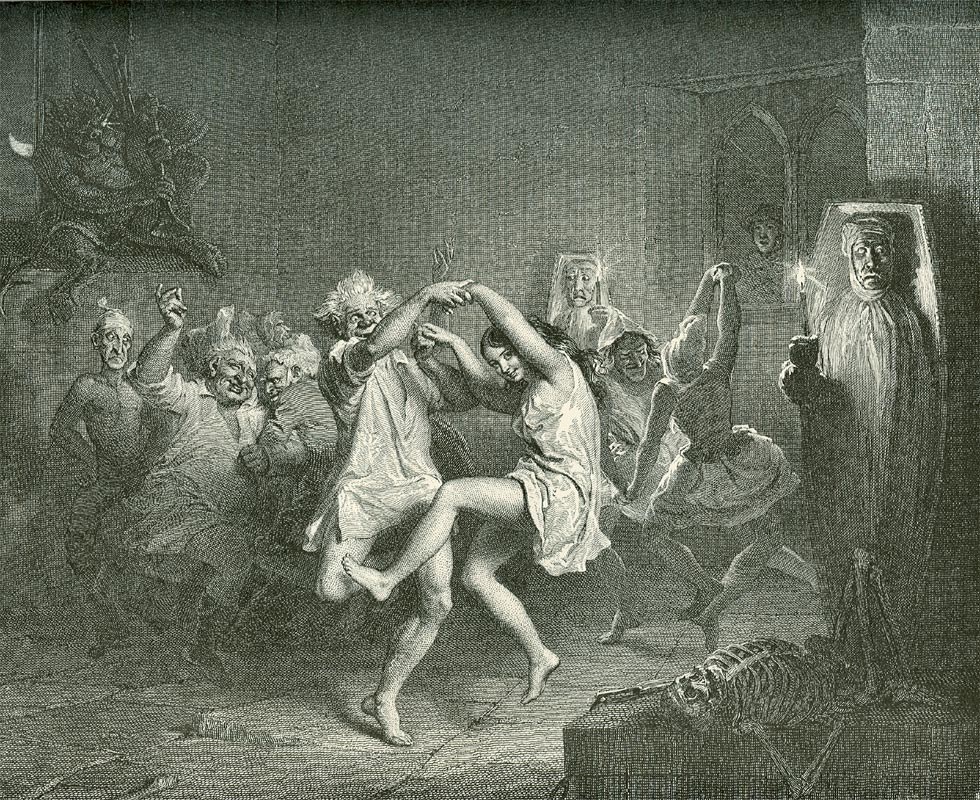 Woman in white shifts dances with arched back while surrounded by shadowy witch figures in a darkened chamber.