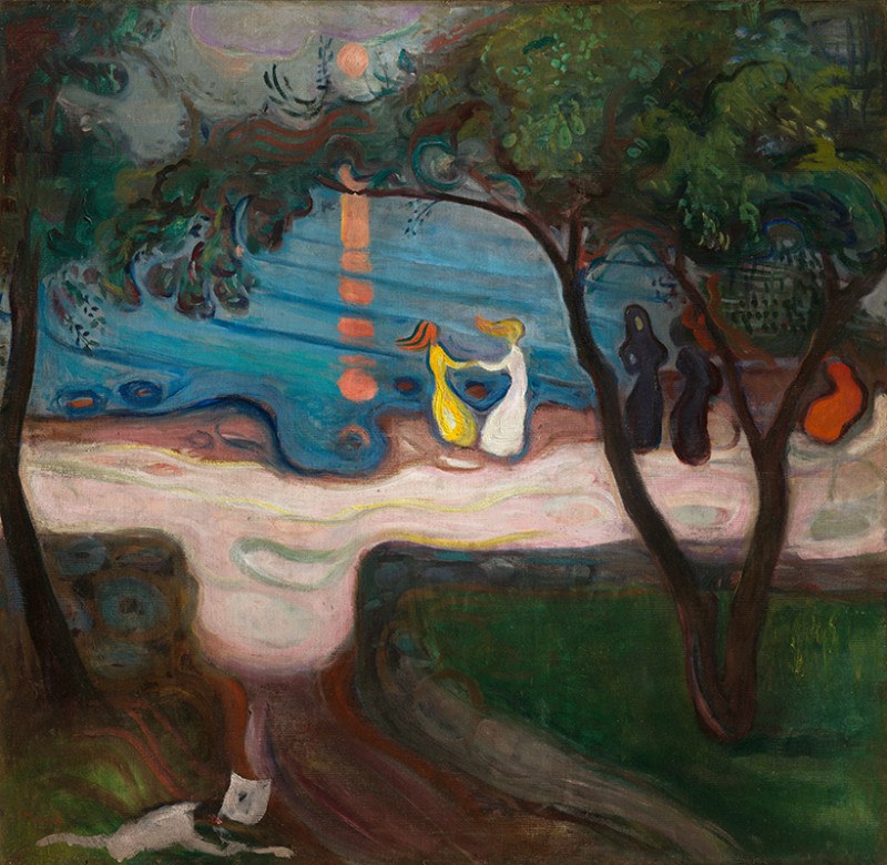 Two pale figures embrace at a moonlit shoreline, framed by dark, twisted trees; other figures in dark dress stand apart in the background.