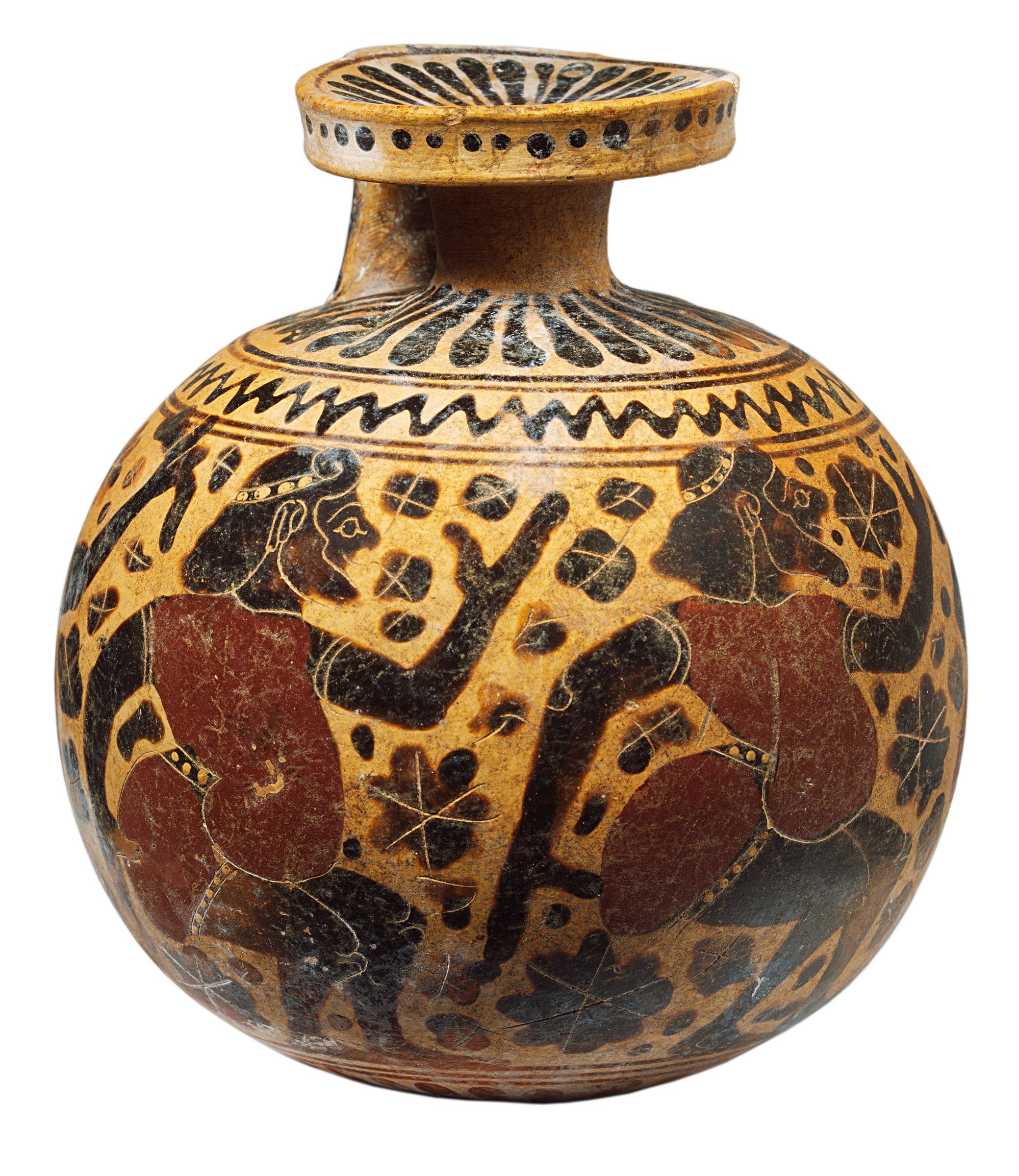 Terracotta flask painted with three padded male dancers striding in profile, rendered in black silhouette with geometric ornaments above.