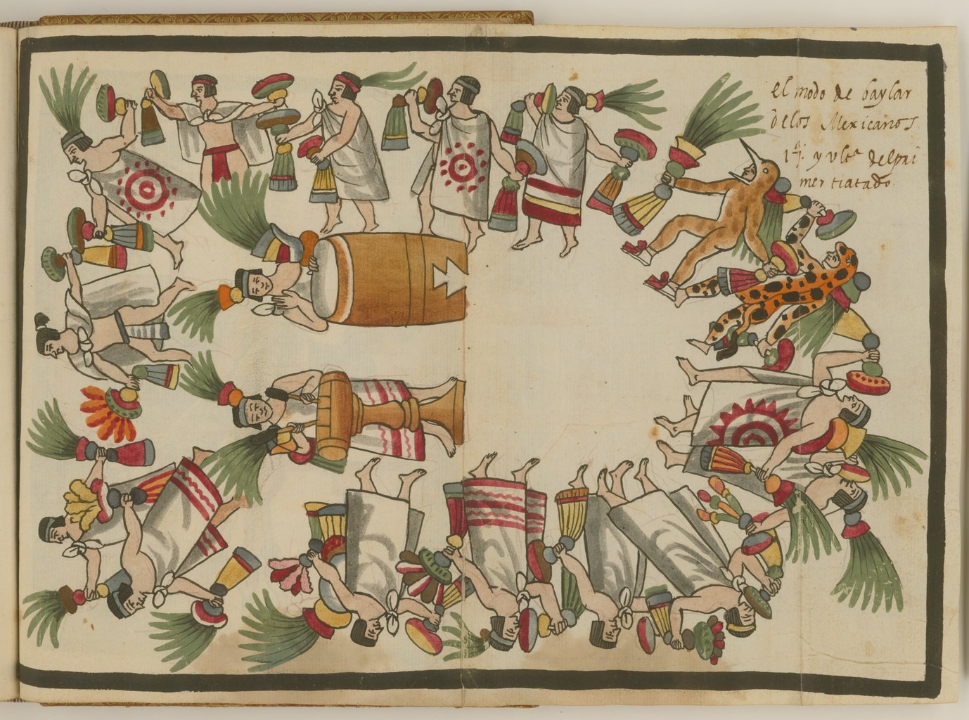 Watercolor showing Aztec nobles in elaborate feathered headdresses and textiles arranged around two central figures, bodies posed with raised and extended arms