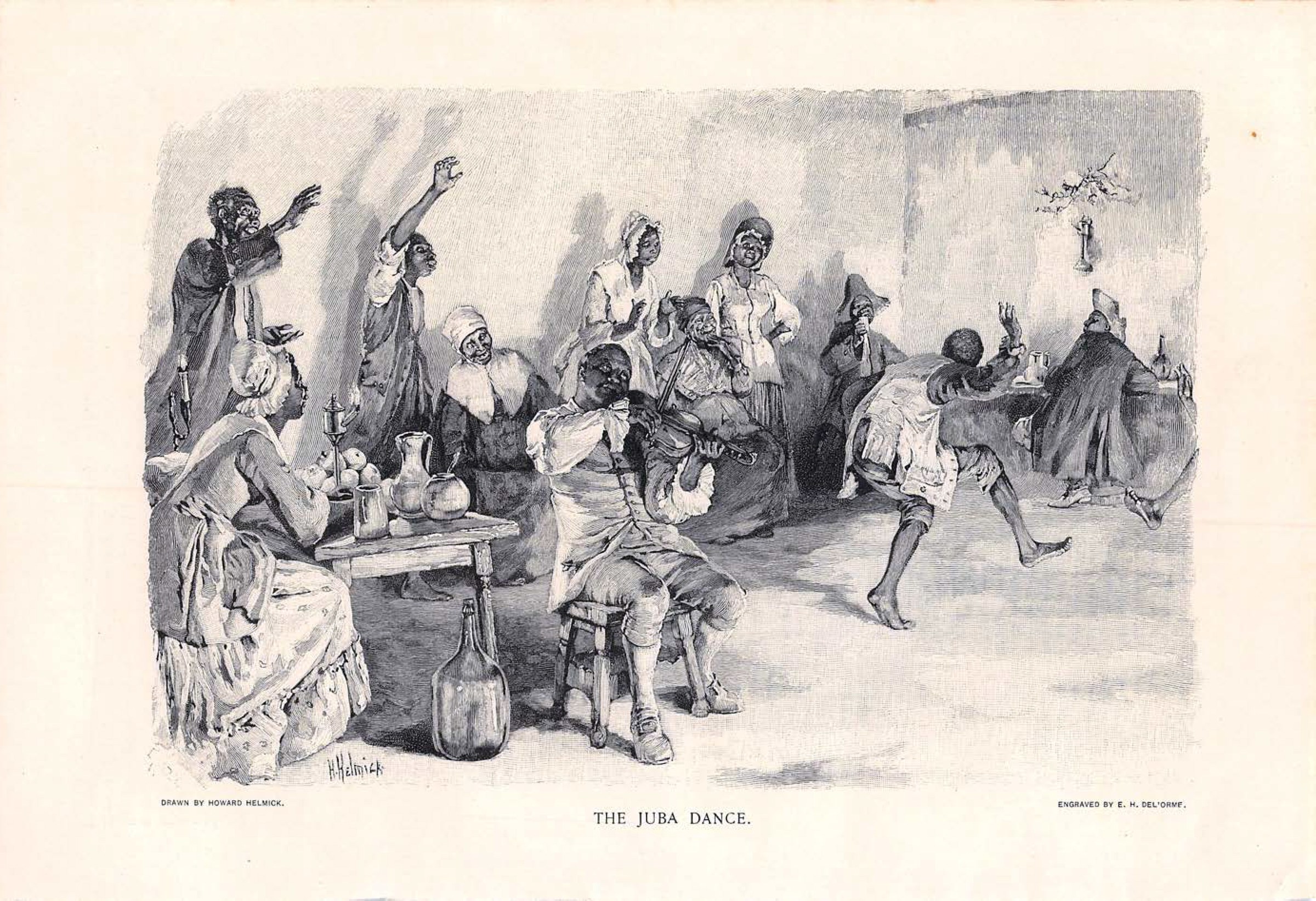 Engraving showing a Juba dancer in forward bend with extended arms, surrounded by spectators clapping and gesturing, with a seated musician playing a stringed