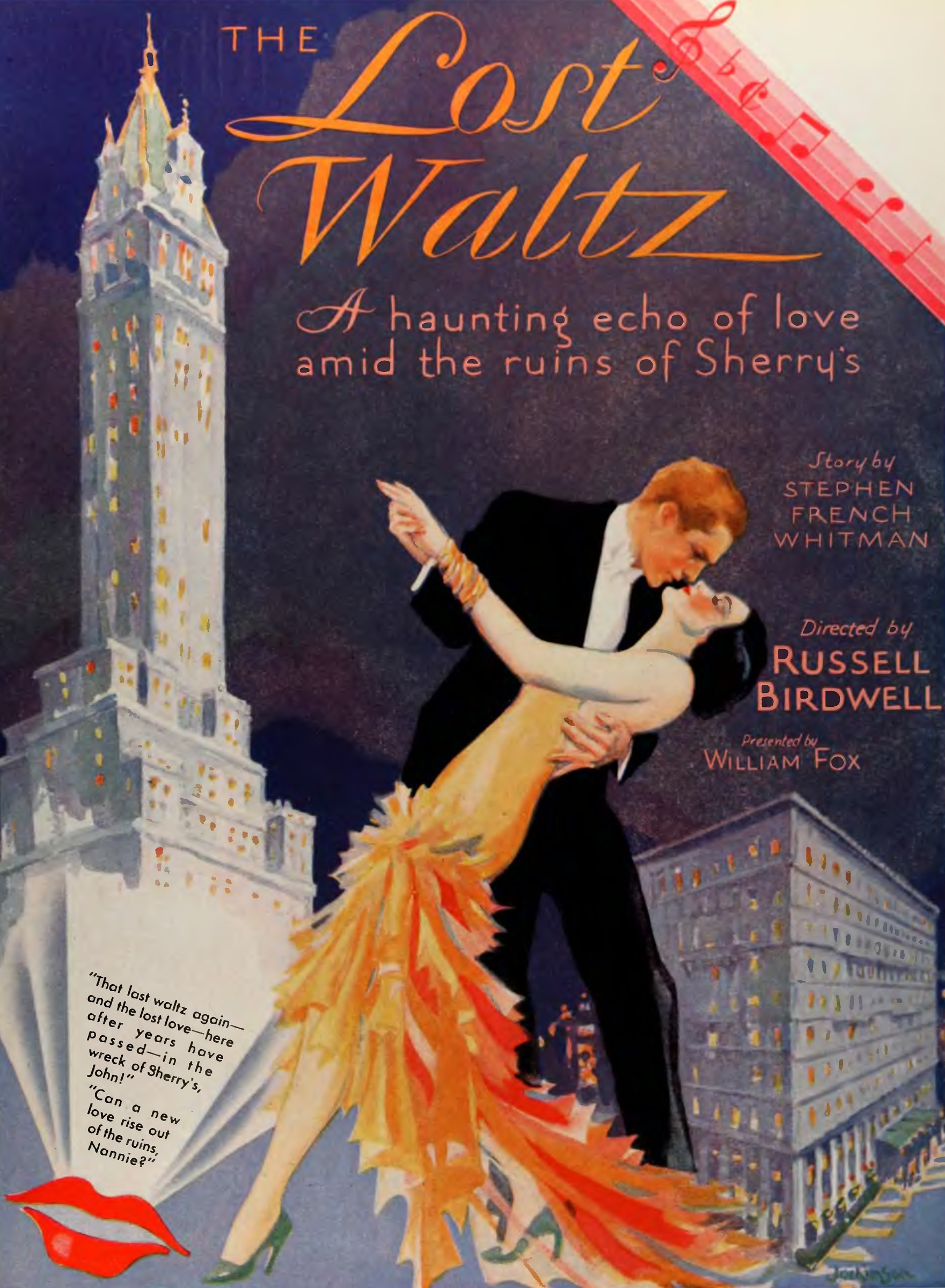 Oil painting of a couple in formal evening dress waltzing against a 1920s cityscape; the woman is in a dramatic backbend wearing a feathered golden gown.