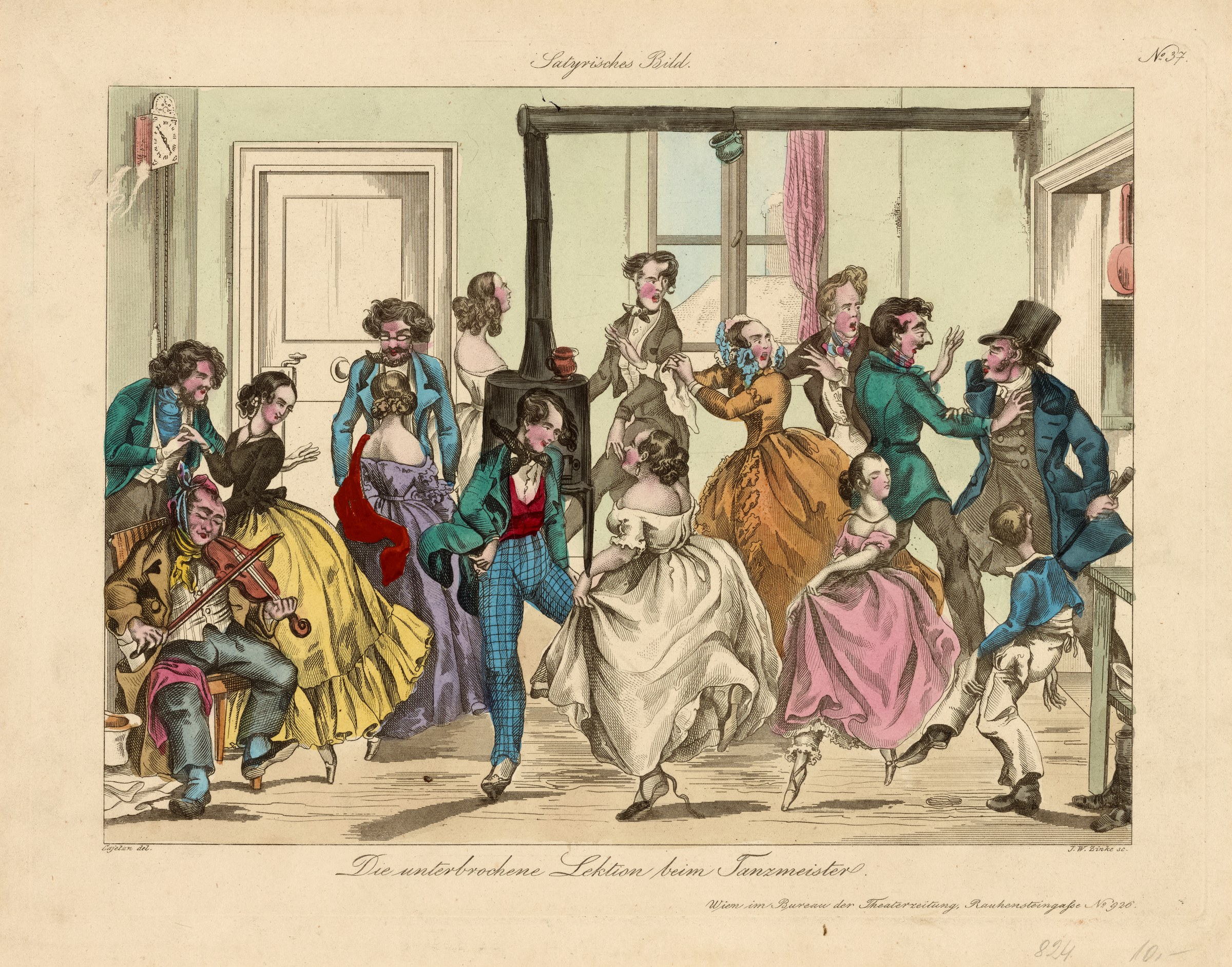 Crowded drawing room with fashionably dressed figures surrounding a woman in white dancing exuberantly while a violinist plays; onlookers gesture in reaction.