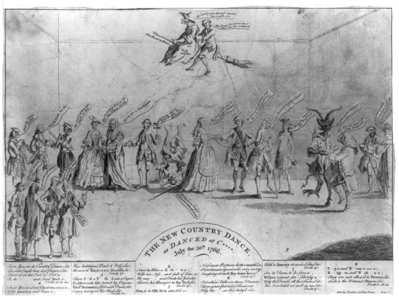 Etching showing two dozen fashionable figures in 1760s dress arranged in a country dance line, with labels and speech balloons; two figures on a broomstick
