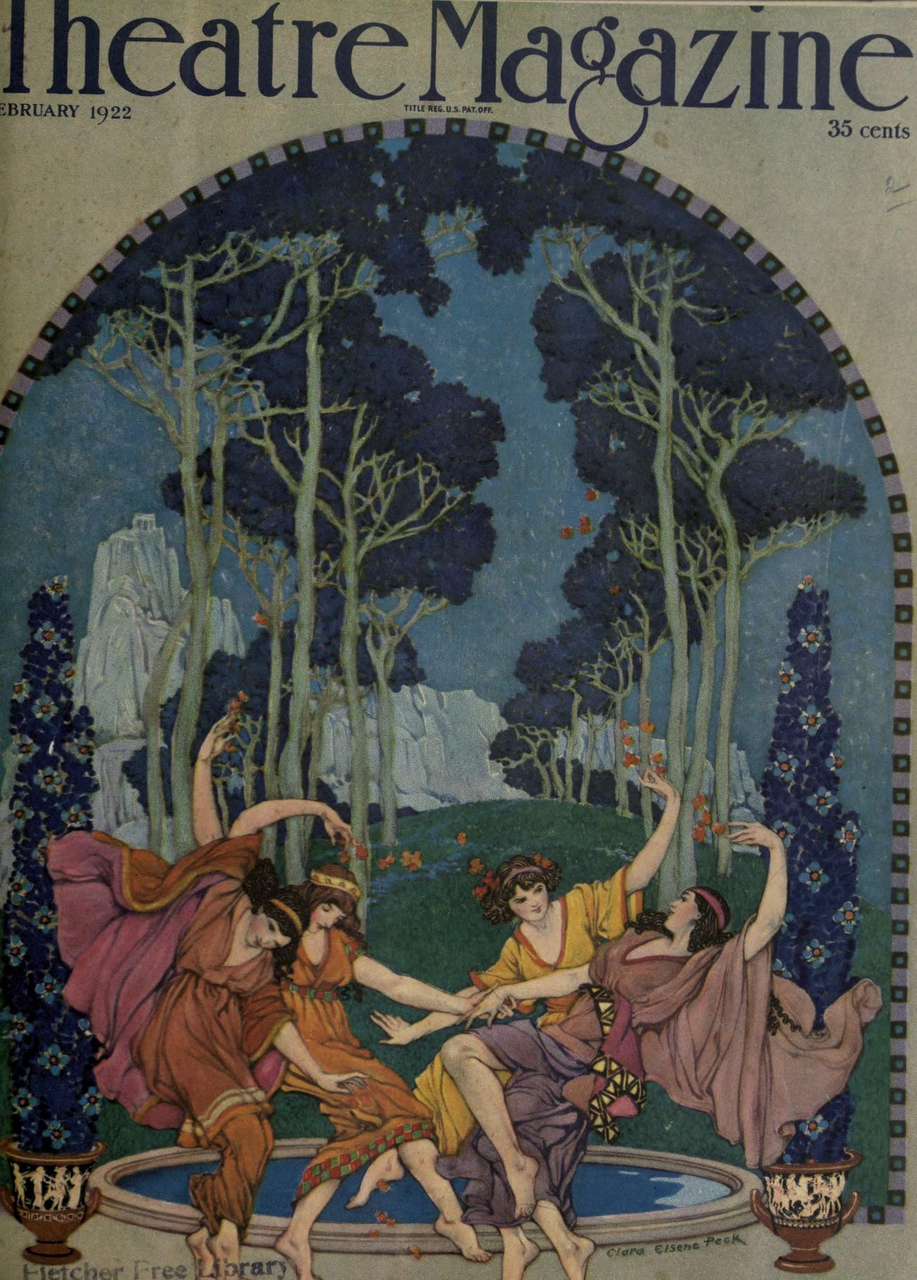 Four women in flowing classical drapery dance and gesture in a grove of pale trees, framed by a film-strip border.
