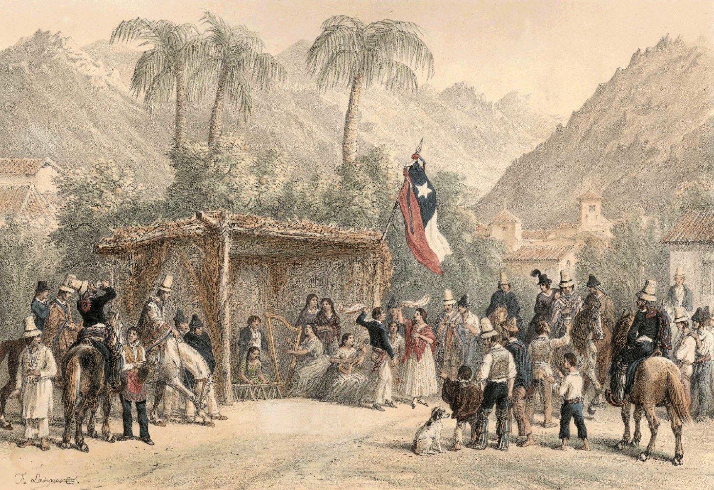 Crowd of dancers and spectators gather in and around a wooden structure beneath tall palm trees in a mountain valley, with a Chilean flag hanging above.