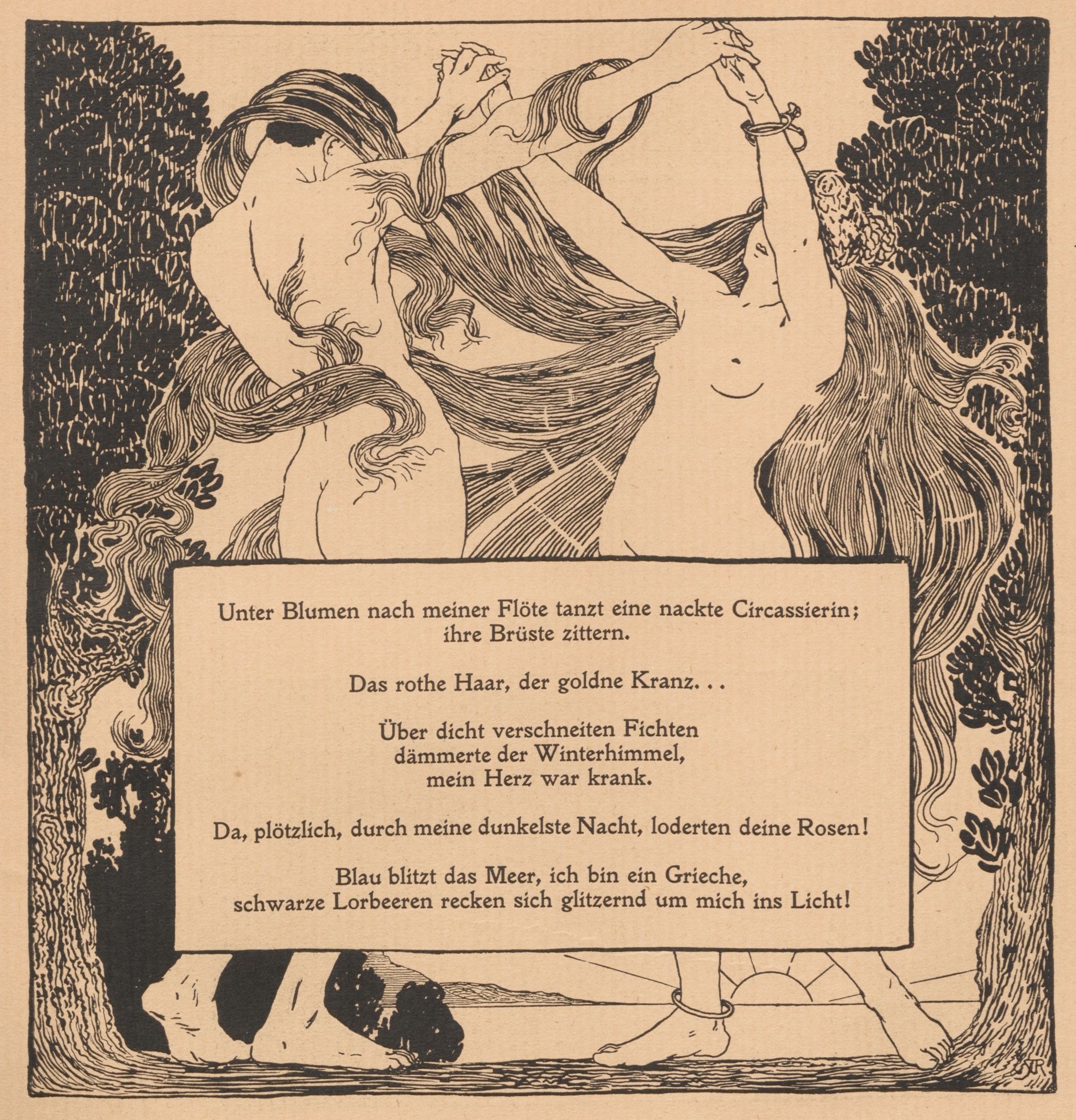 Art Nouveau woodcut of a nearly-nude woman arching backward in full support from a male partner, framed by dense forest, with German text below.