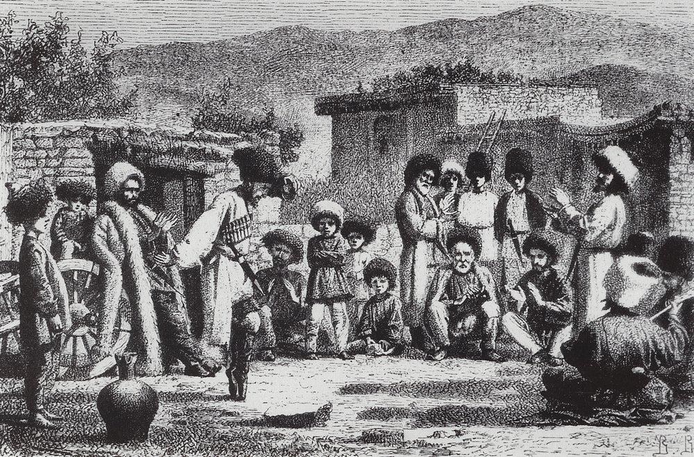 Ink engraving of Caucasian dancers in traditional dress, including men in cherkeskas performing an upright, footwork-driven dance surrounded by seated