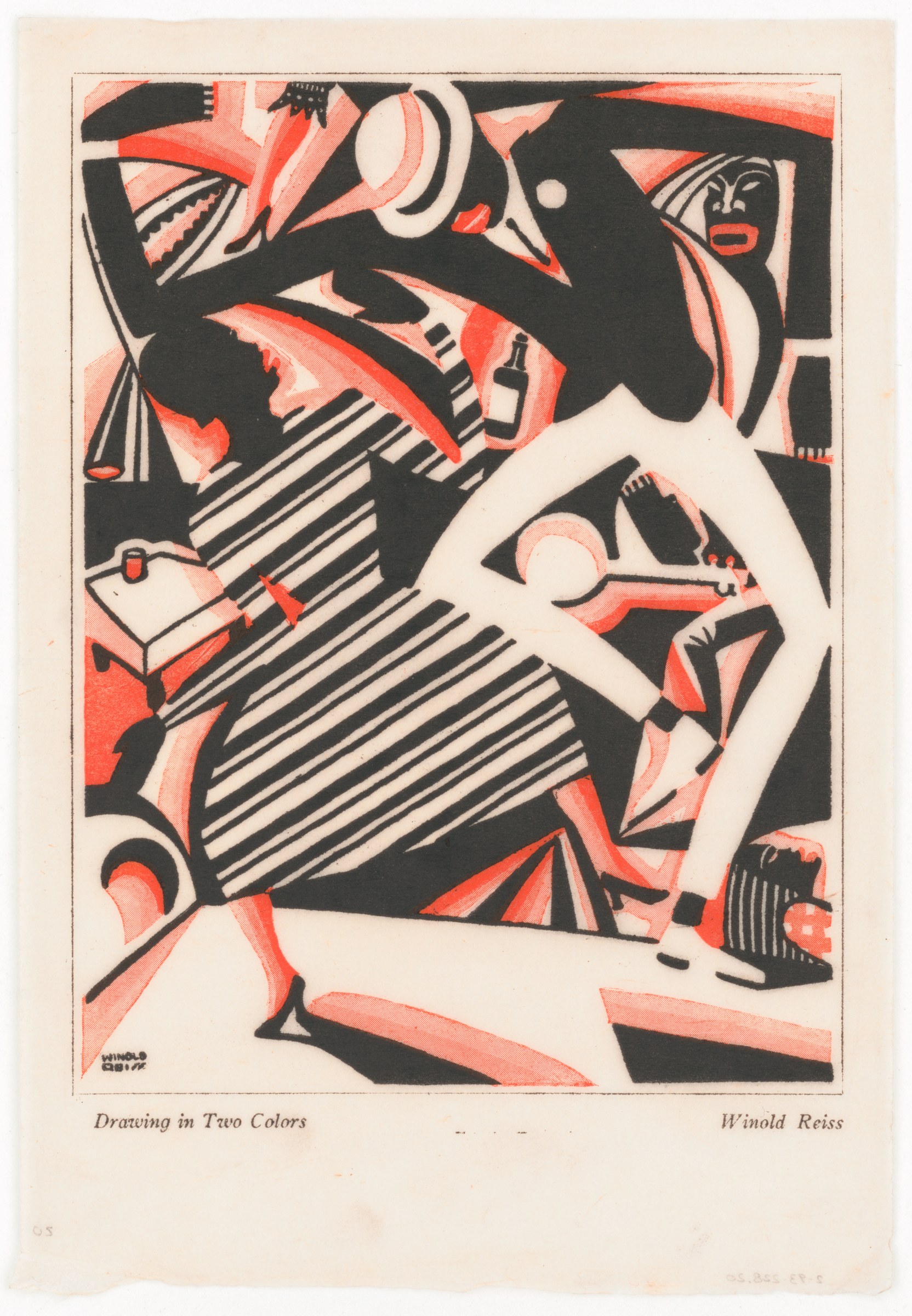 Fragmented abstract figures in red, black, and cream suggesting dancers in angular, syncopated postures; geometric forms overlap and spiral across the