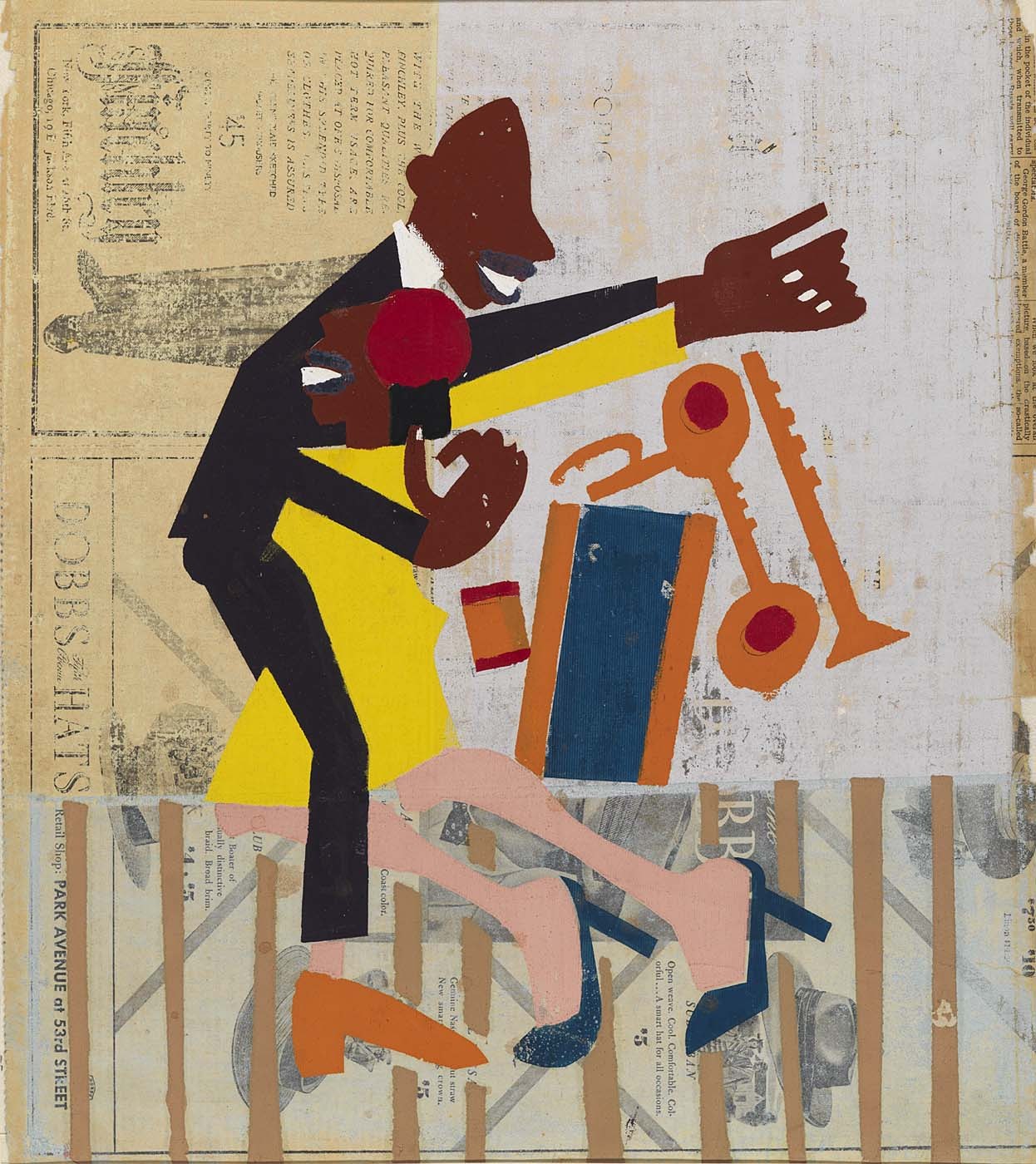 A modernist painting of a single dancer in dark jacket and yellow garment, lunging forward with extended arm, against a collaged newsprint background.