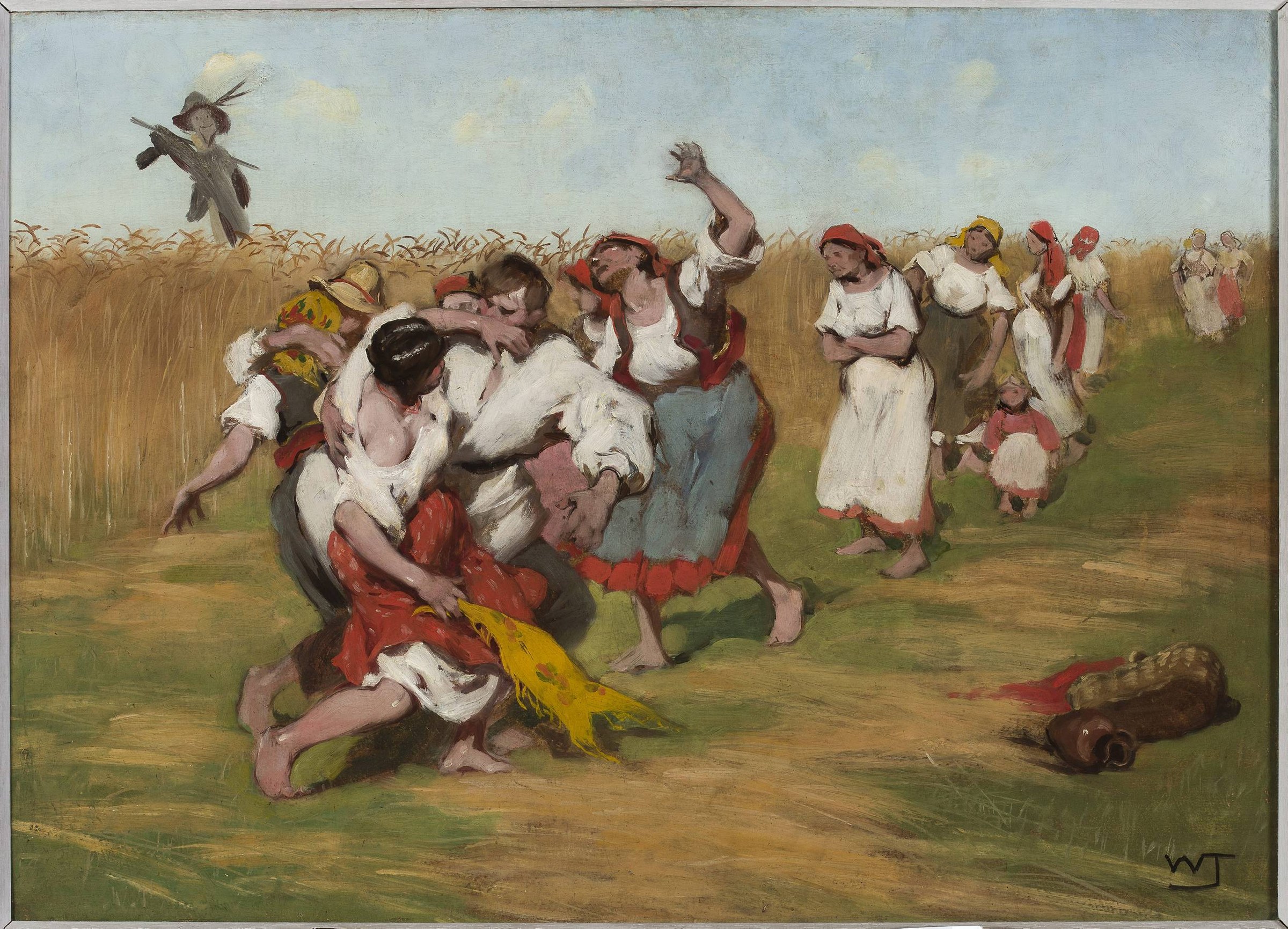 Barefoot villagers in white and red clothing dance and leap exuberantly in a golden grain field, arms raised, bodies arched.