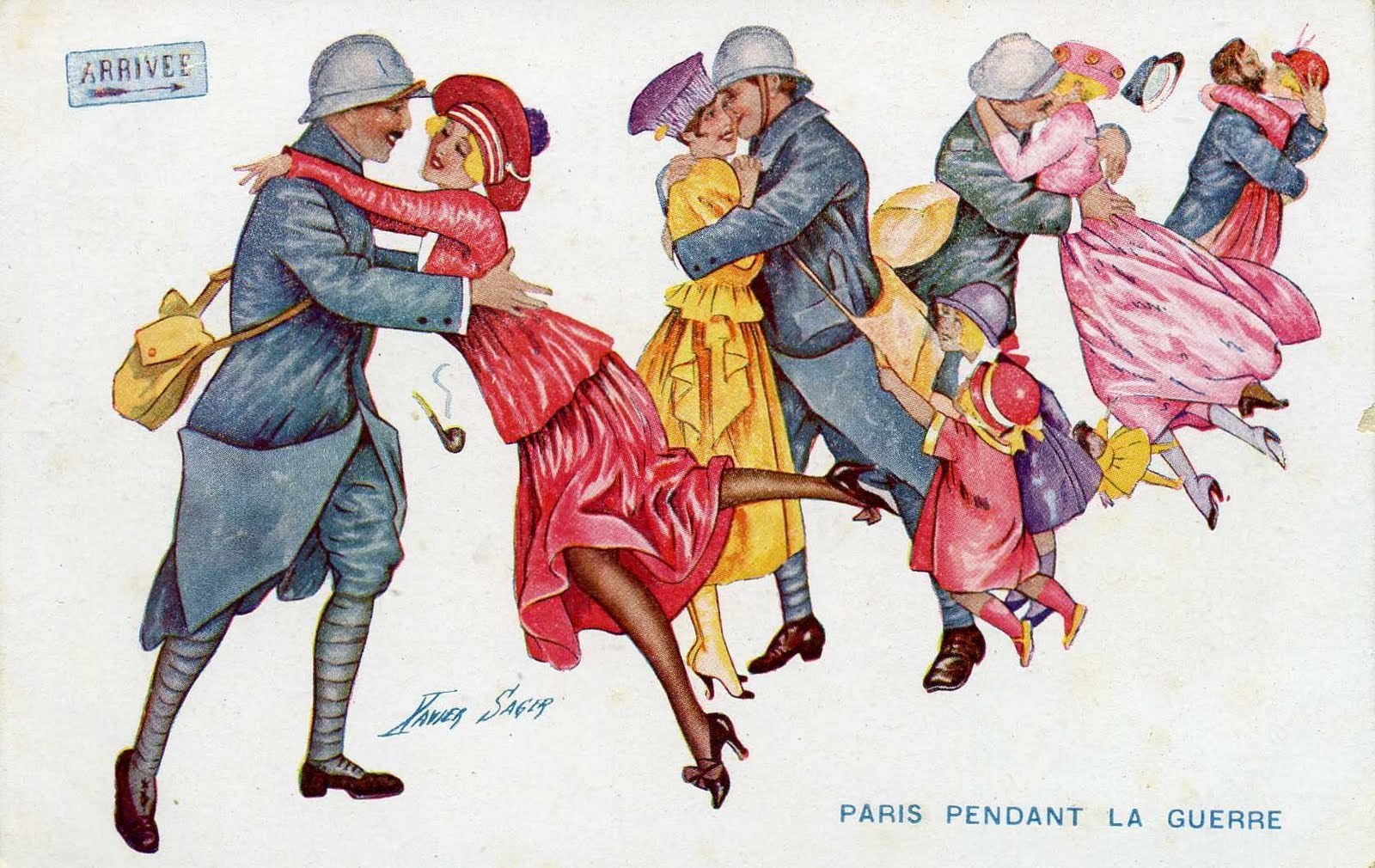 Soldiers in steel helmets dance with women in bright dresses in a Parisian street, their bodies tilted and lifted in energetic social dance.