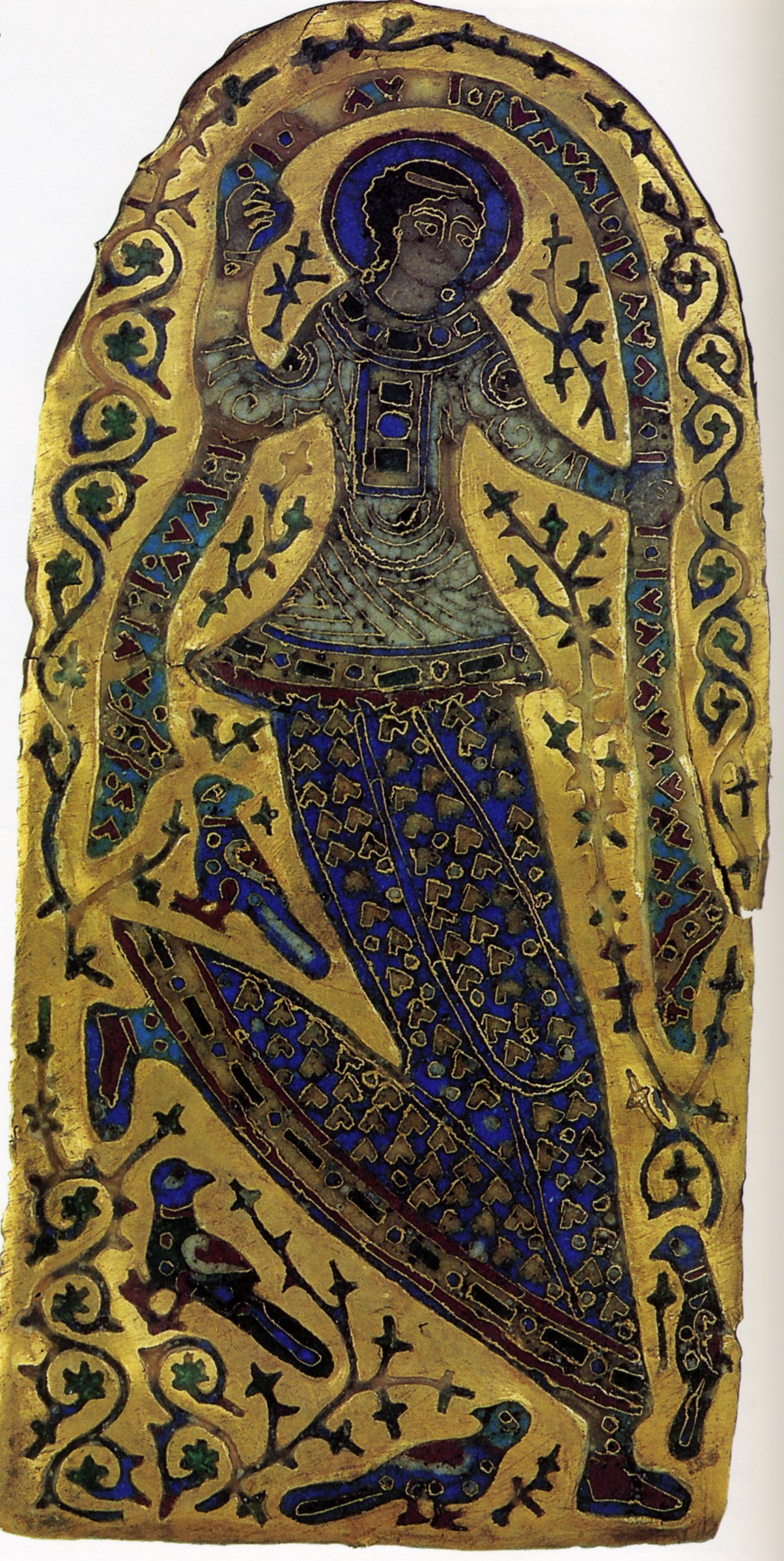 Frontal standing figure with halo in ornate blue and gold robes against gold background, Byzantine style.
