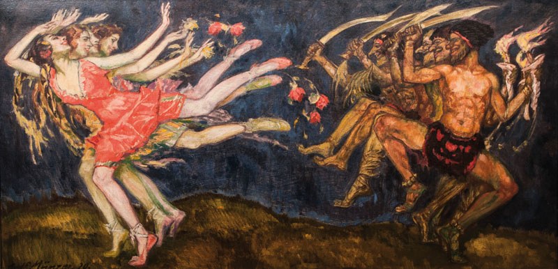 Expressionist oil painting of winged female figures and satyrs in ecstatic Dionysian dance, arms raised, against a dark sky.