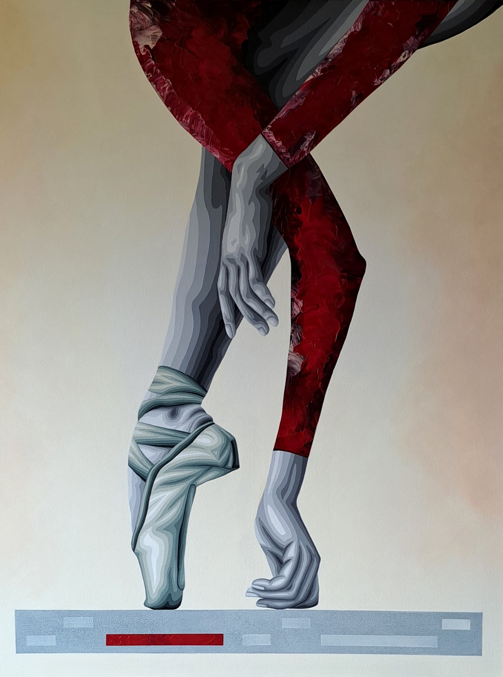 A ballet dancer in arabesque on pointe, wearing a distressed burgundy costume, with legs rendered in pale grays and bandaged feet against a cream background.