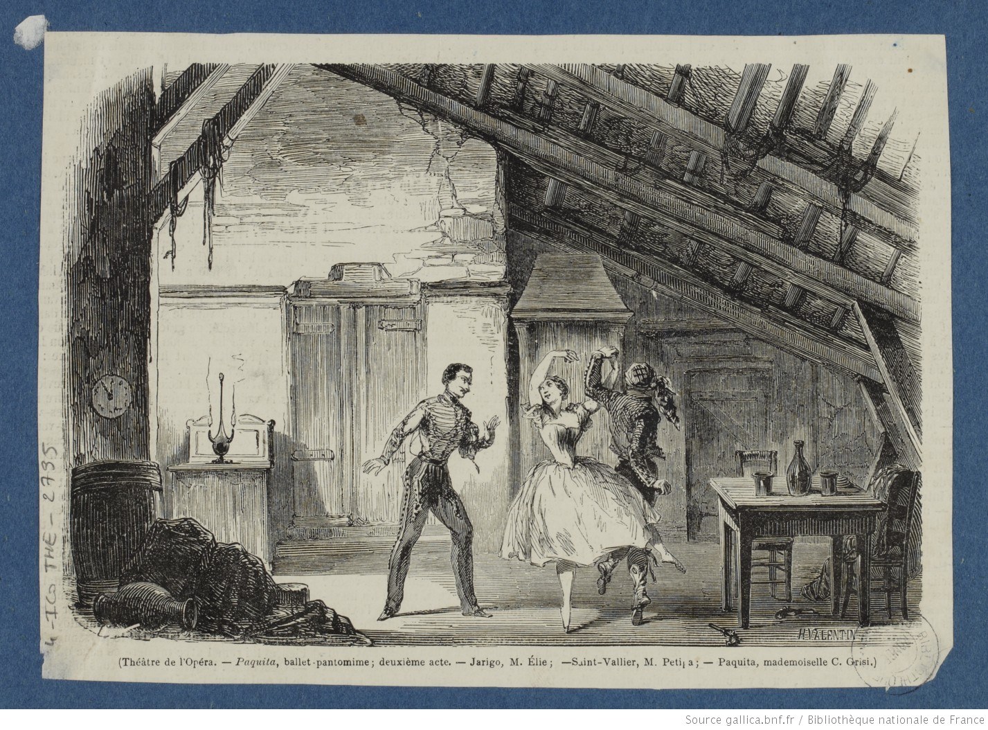 Engraving of a scene from Paquita showing a woman in a white tulle skirt and a man in military dress in a rustic interior, with two other figures watching.
