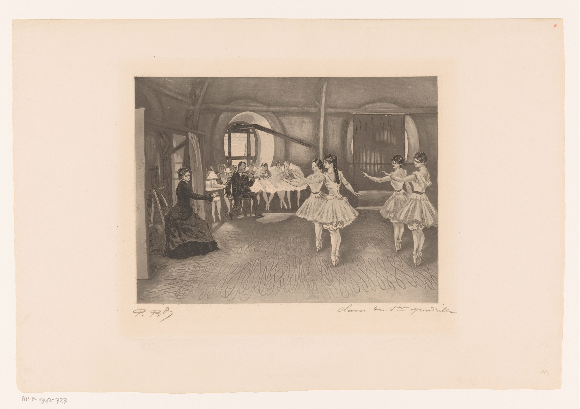 Four ballet dancers in pale tutus stand in a studio watched by an instructor, while a violinist plays for them.